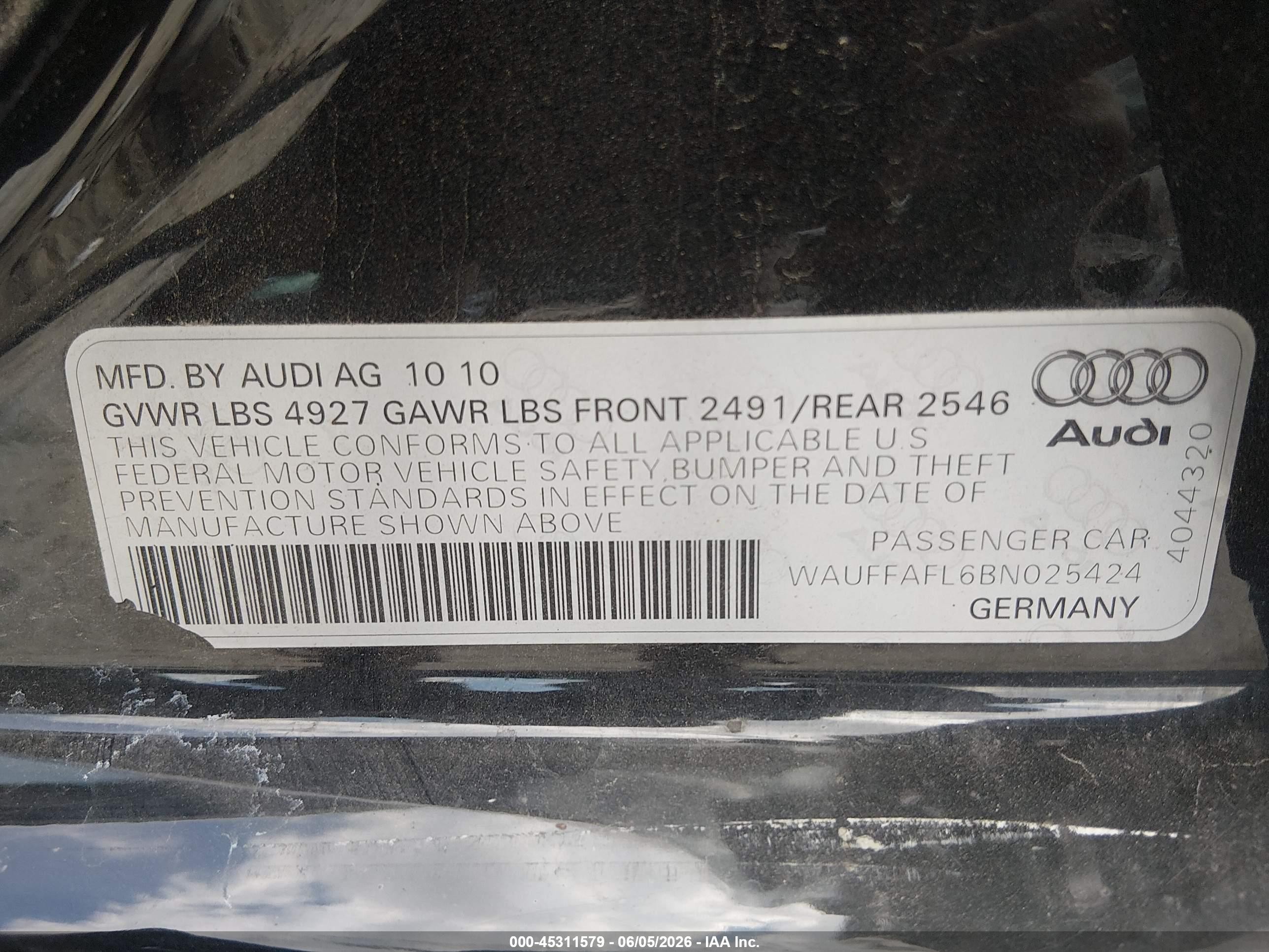2011 Audi A4 2.0t Premium Black vin: WAUFFAFL6BN025424