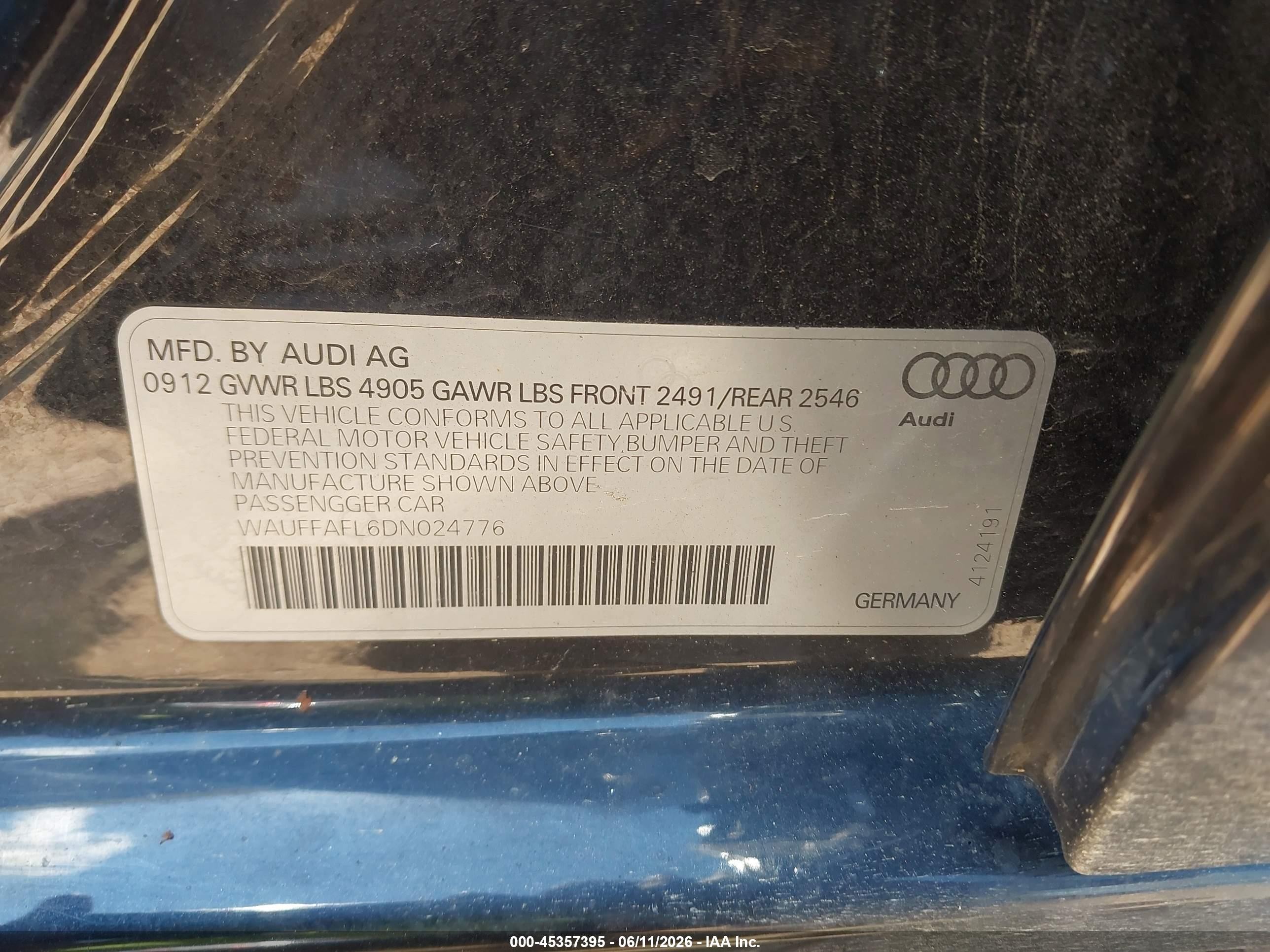 2013 Audi A4 2.0t Premium Black vin: WAUFFAFL6DN024776
