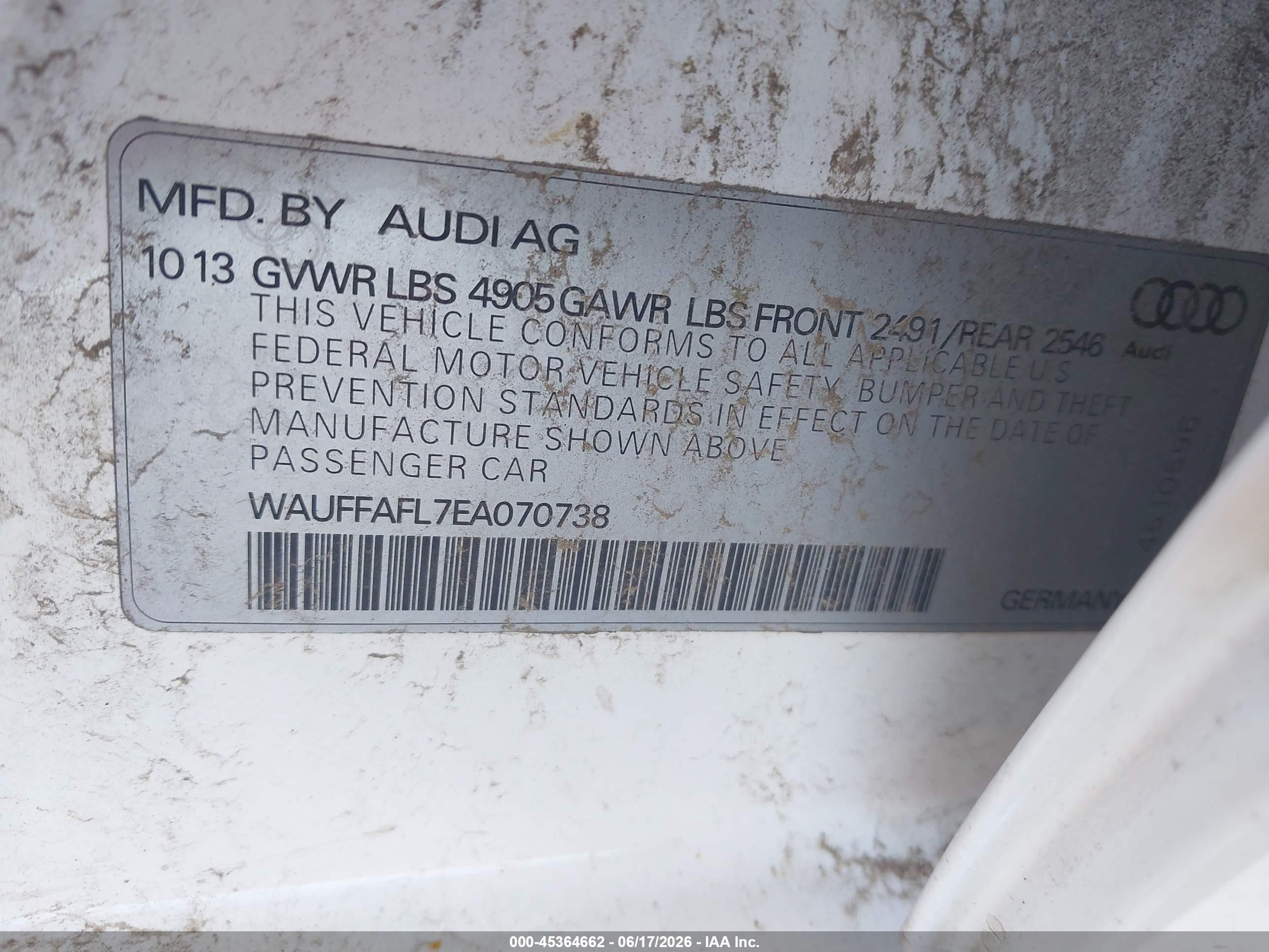 2014 Audi A4 2.0t Premium White vin: WAUFFAFL7EA070738