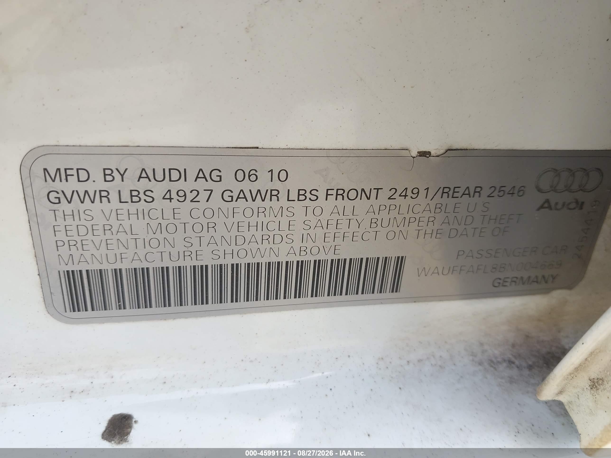 2011 Audi A4 2.0t Premium White vin: WAUFFAFL8BN004669