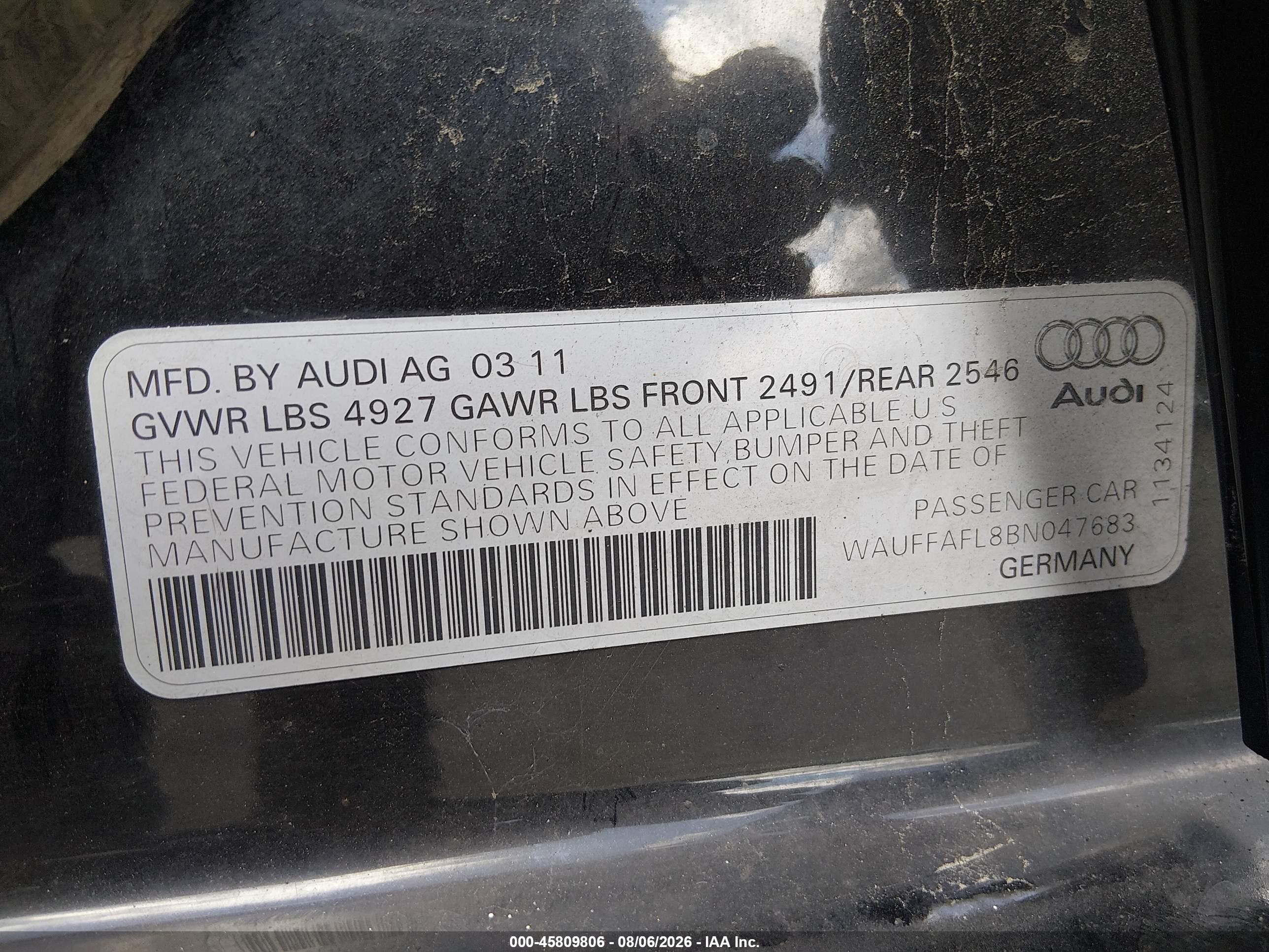 2011 Audi A4 2.0t Premium Black vin: WAUFFAFL8BN047683