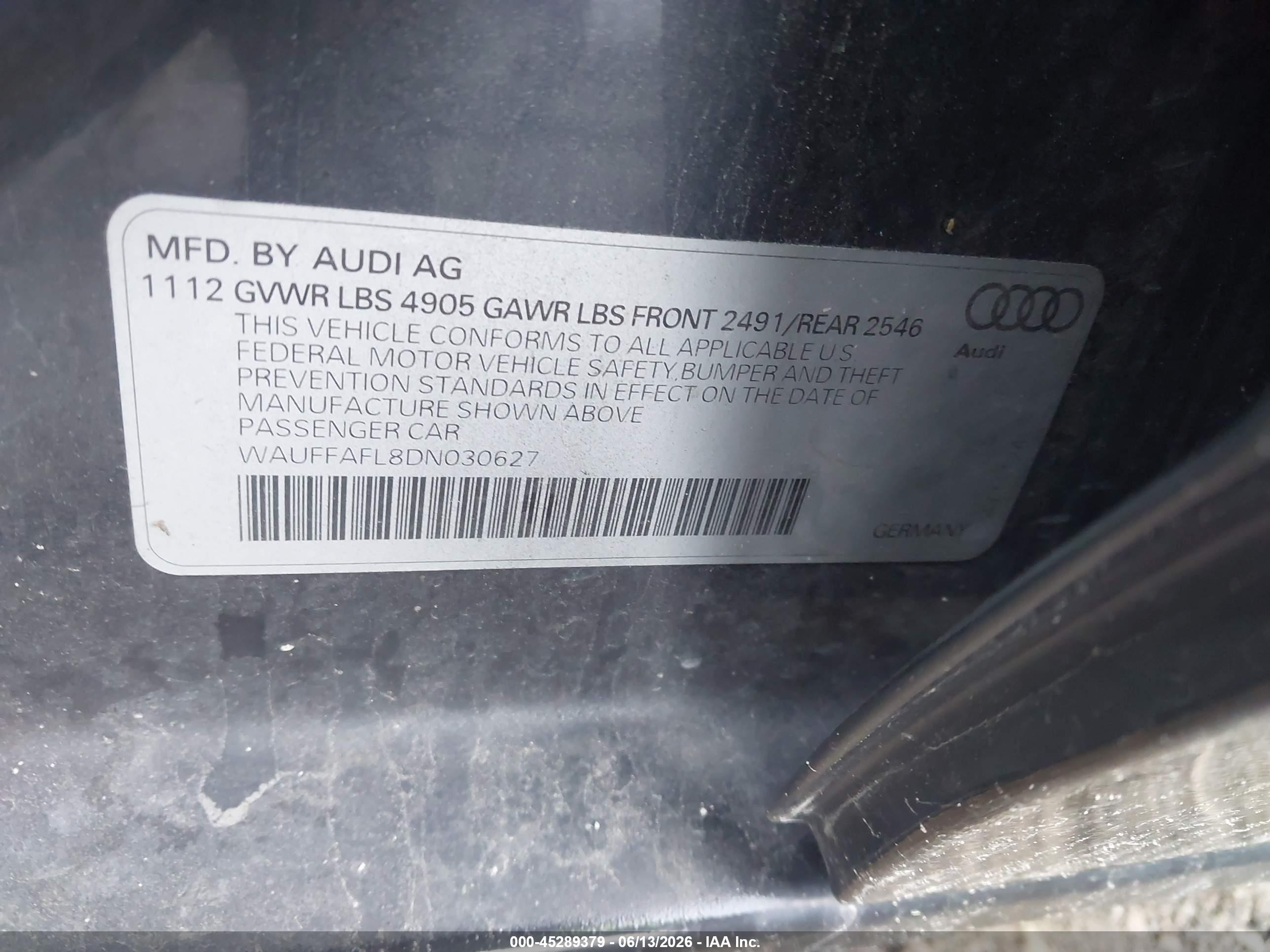 2013 Audi A4 2.0t Premium Black vin: WAUFFAFL8DN030627