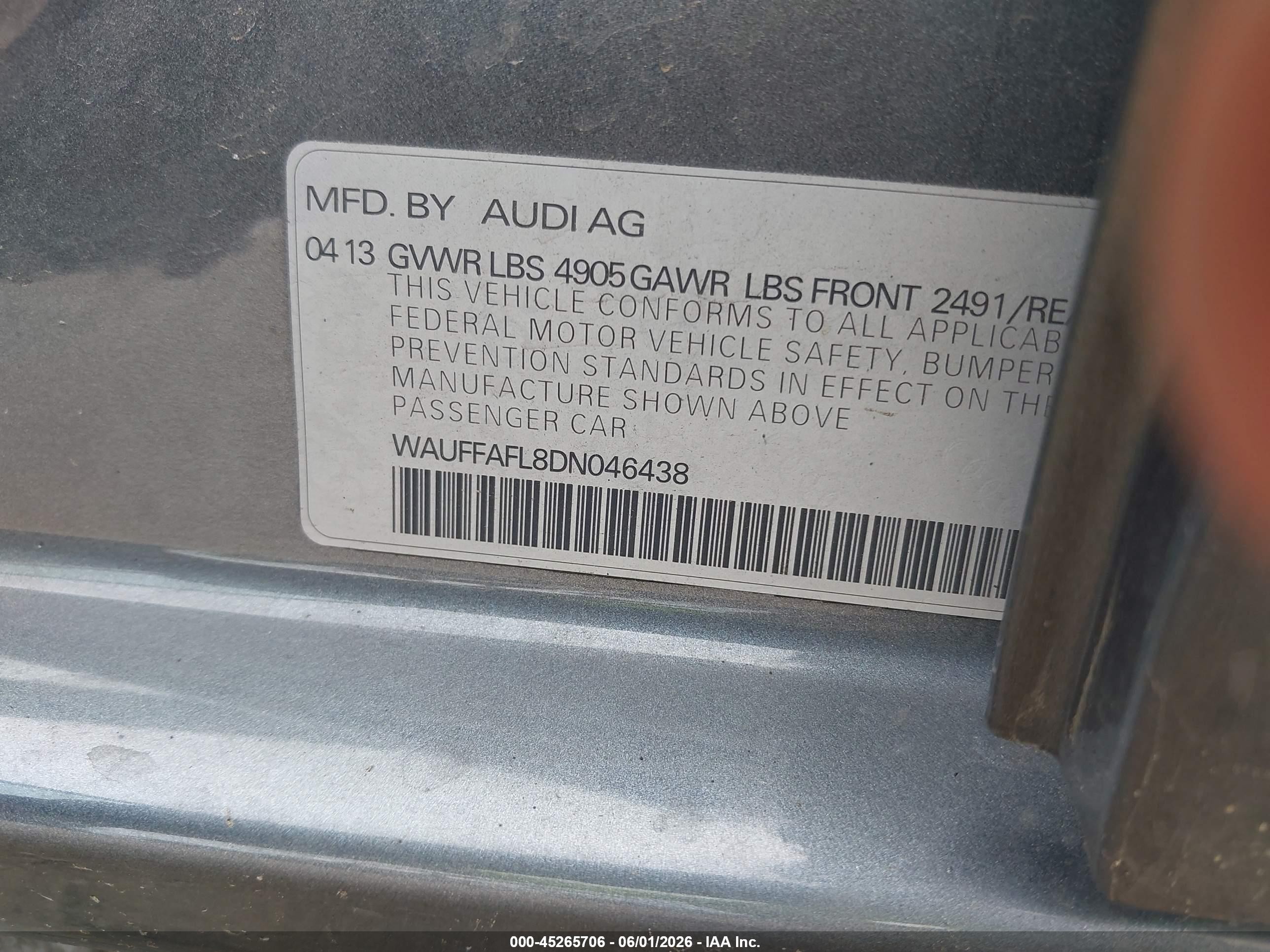2013 Audi A4 2.0t Premium Gray vin: WAUFFAFL8DN046438