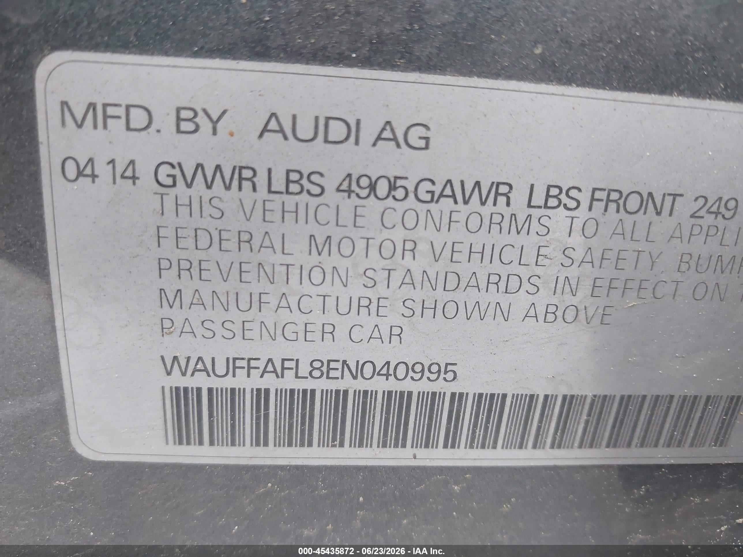 2014 Audi A4 2.0t Premium Gray vin: WAUFFAFL8EN040995