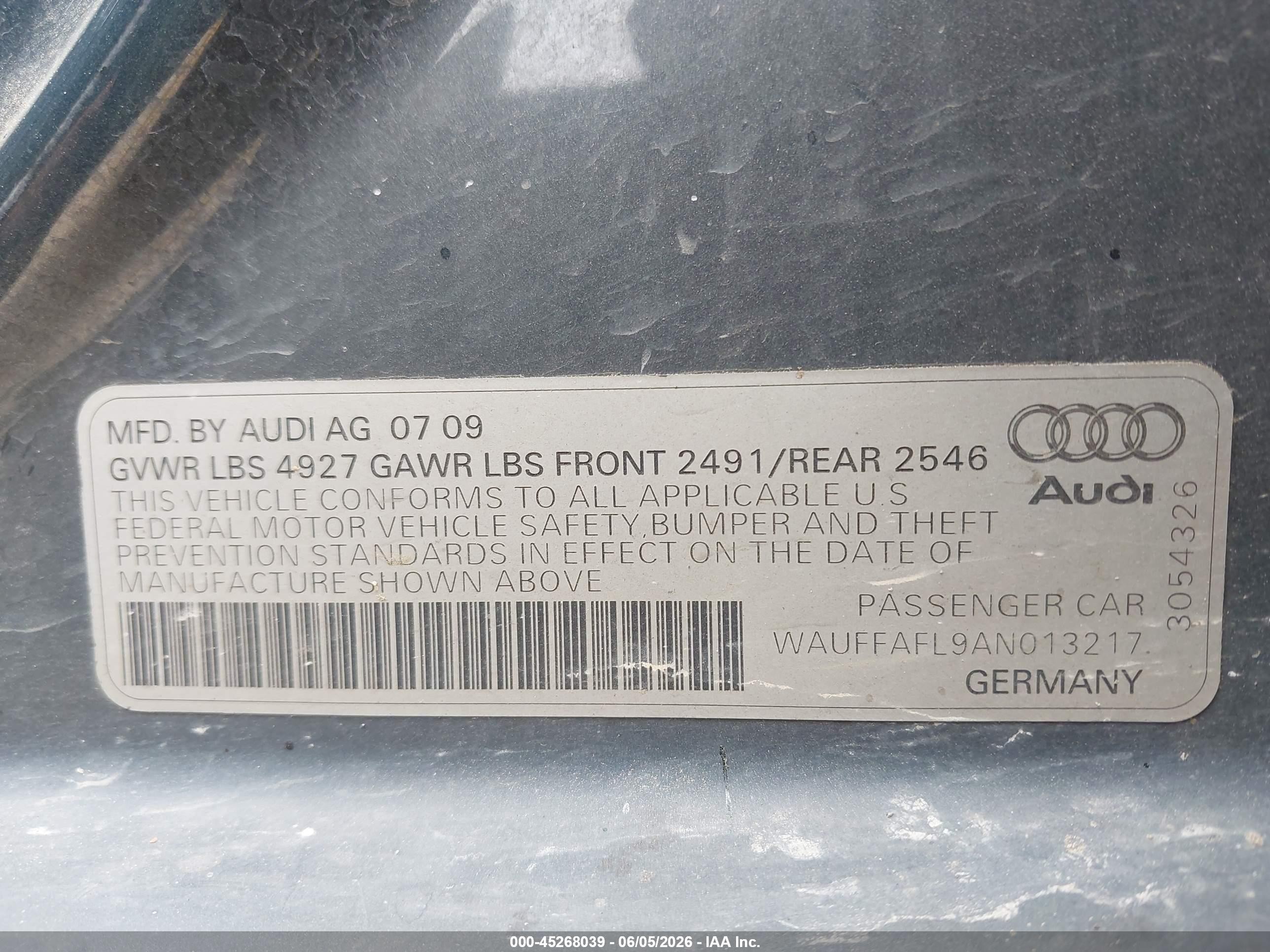 2010 Audi A4 2.0t Premium Pewter vin: WAUFFAFL9AN013217