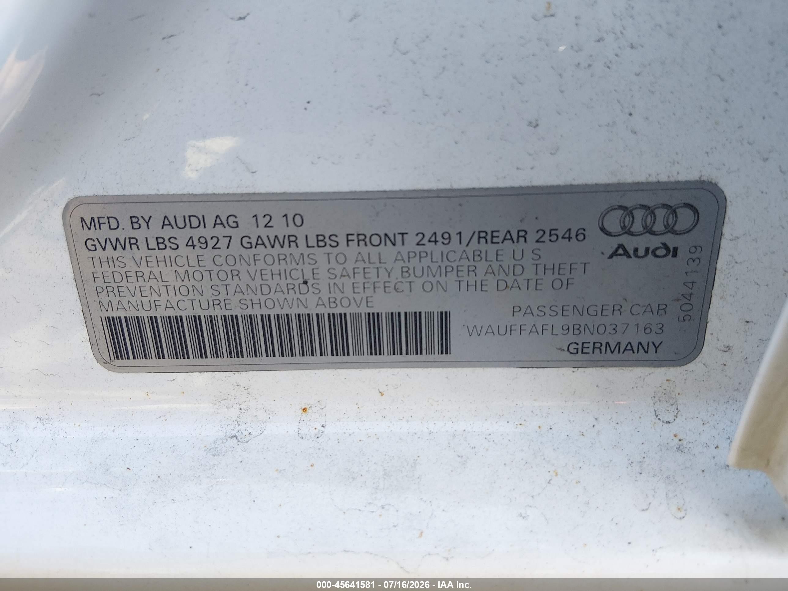 2011 Audi A4 2.0t Premium White vin: WAUFFAFL9BN037163