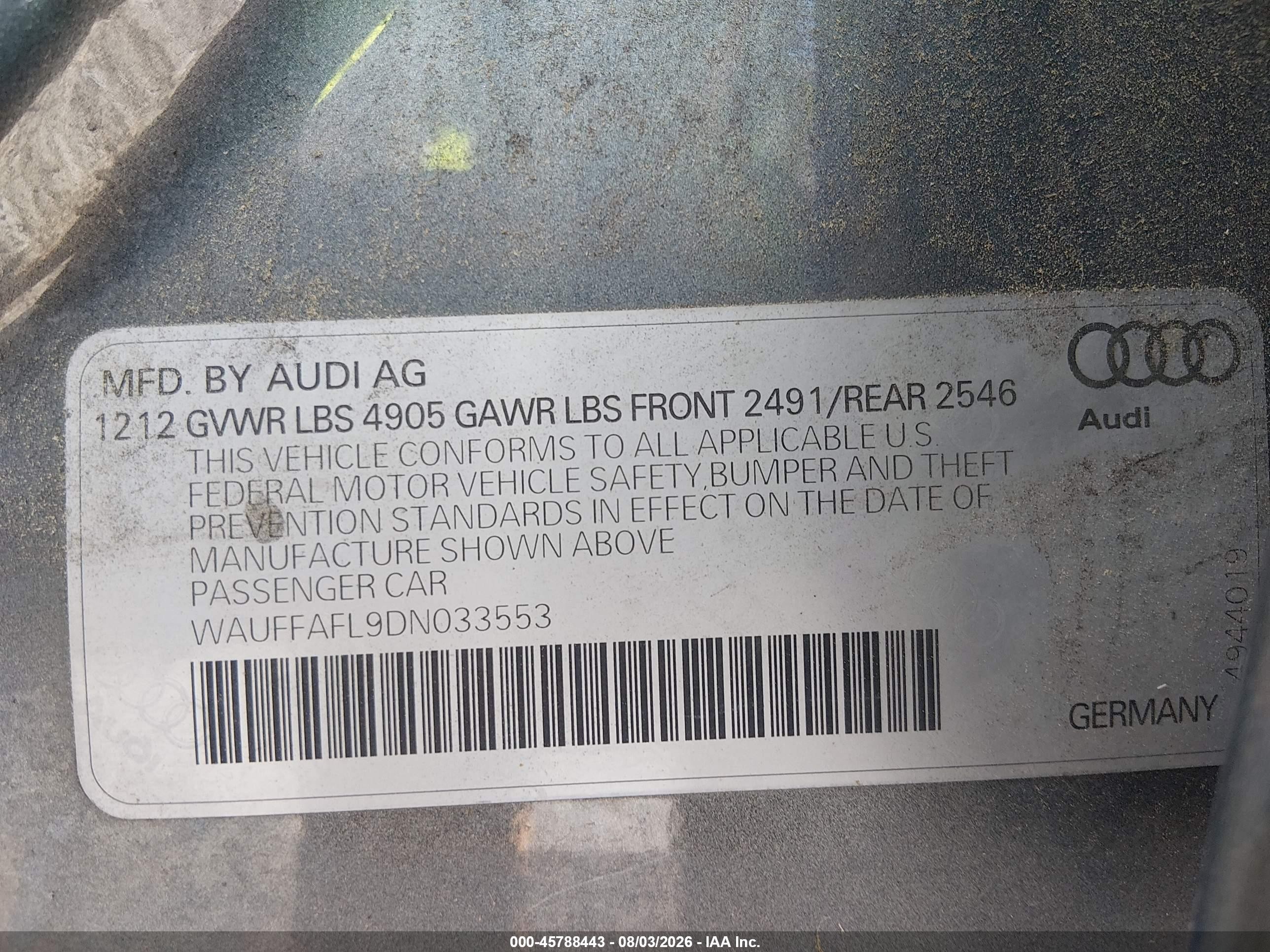 2013 Audi A4 2.0t Premium Gray vin: WAUFFAFL9DN033553