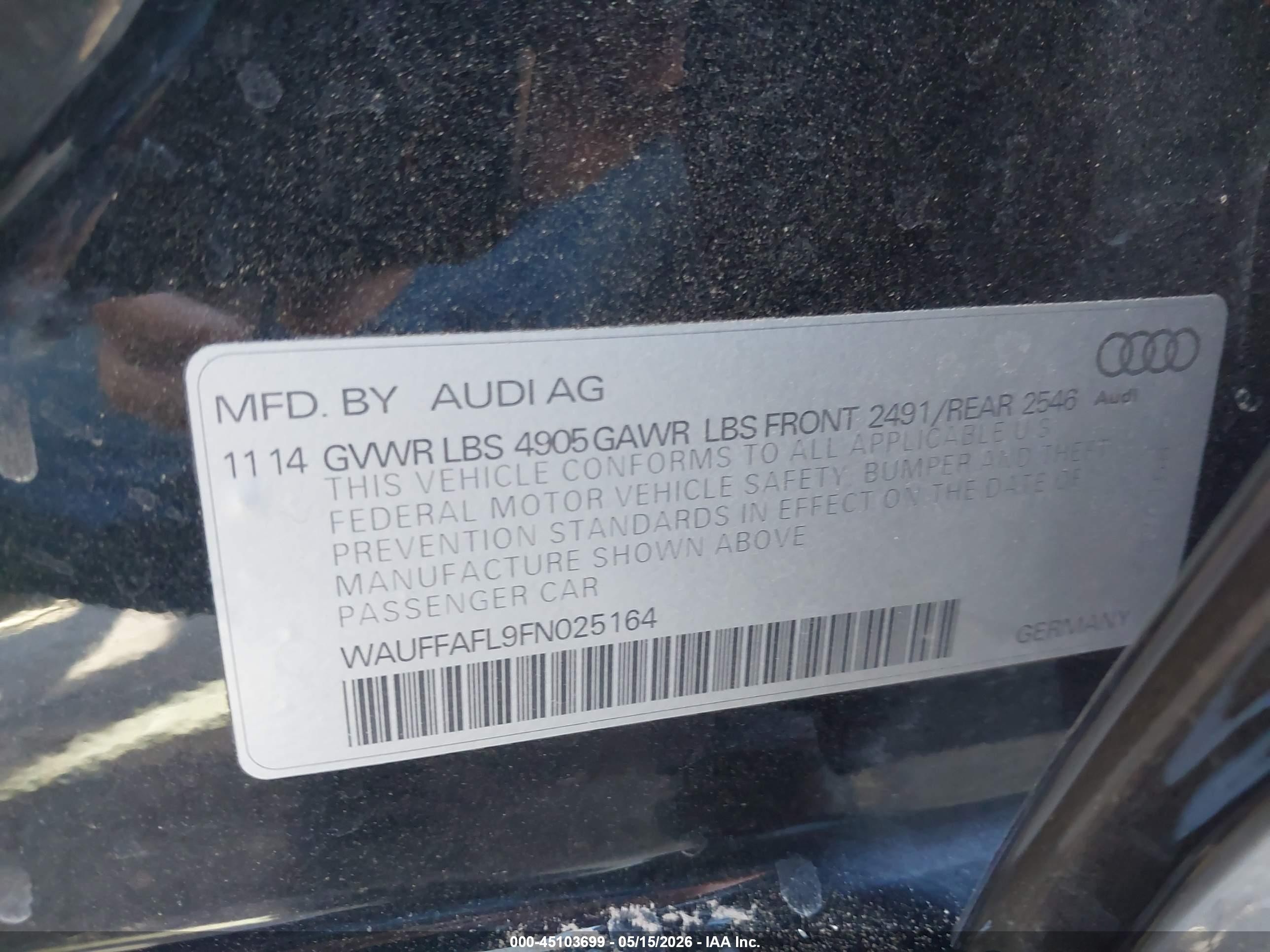 2015 Audi A4 2.0t Premium Black vin: WAUFFAFL9FN025164