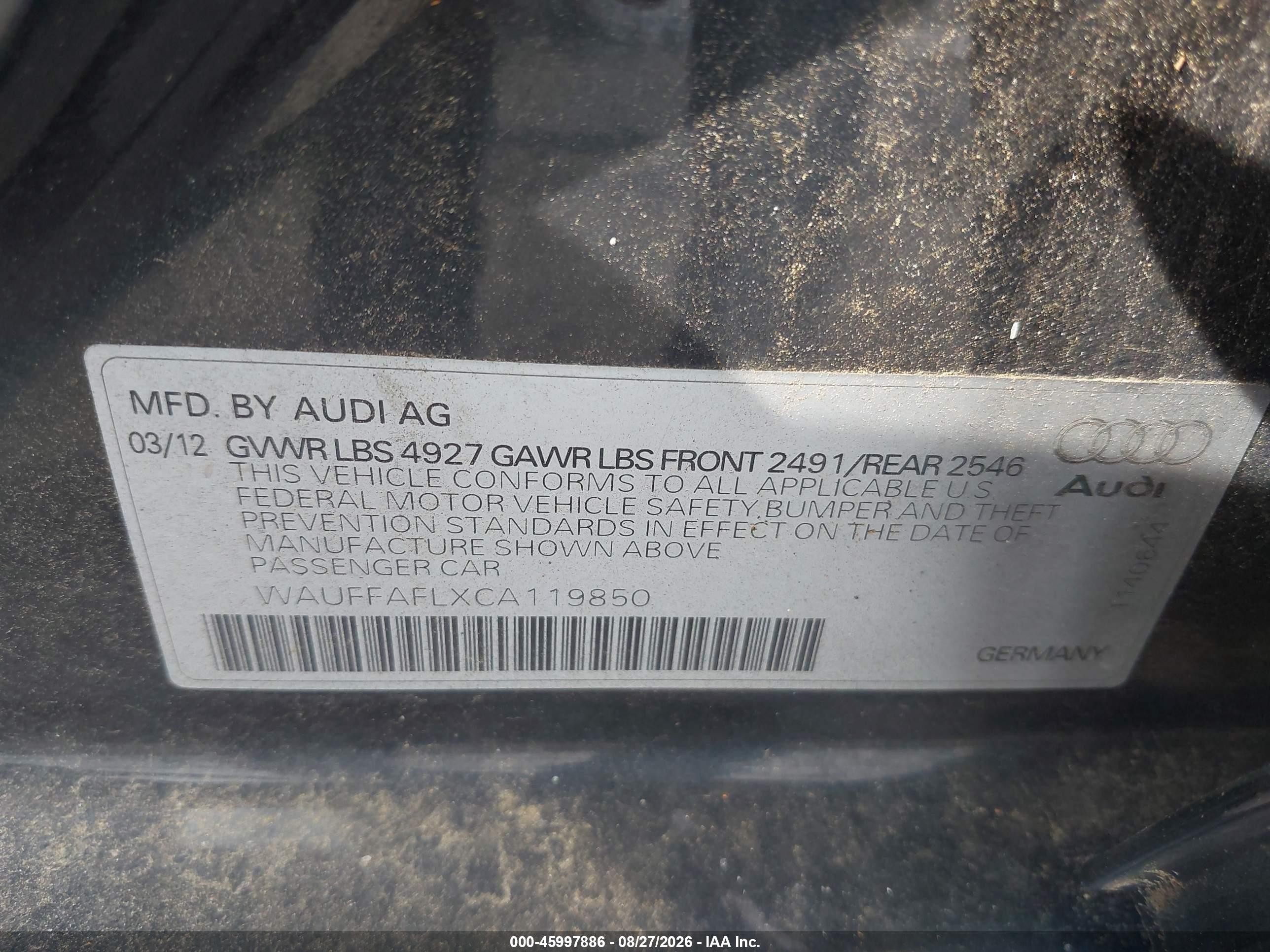 2012 Audi A4 2.0t Premium Black vin: WAUFFAFLXCA119850