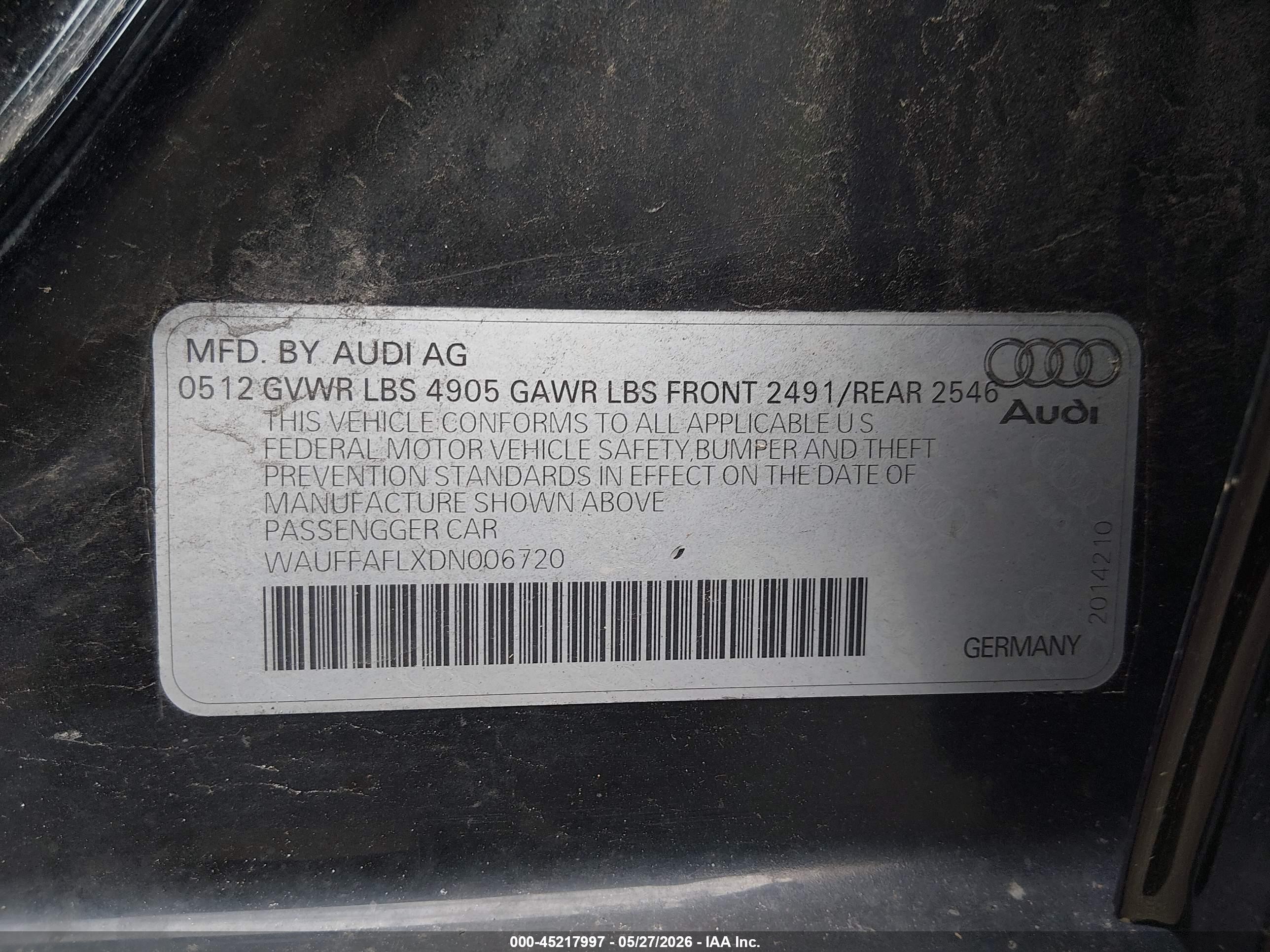 2013 Audi A4 2.0t Premium Black vin: WAUFFAFLXDN006720