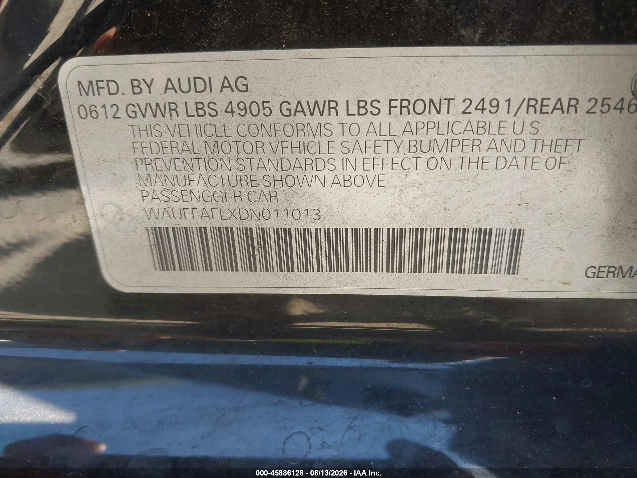 2013 Audi A4 Premium Plus Black vin: WAUFFAFLXDN011013