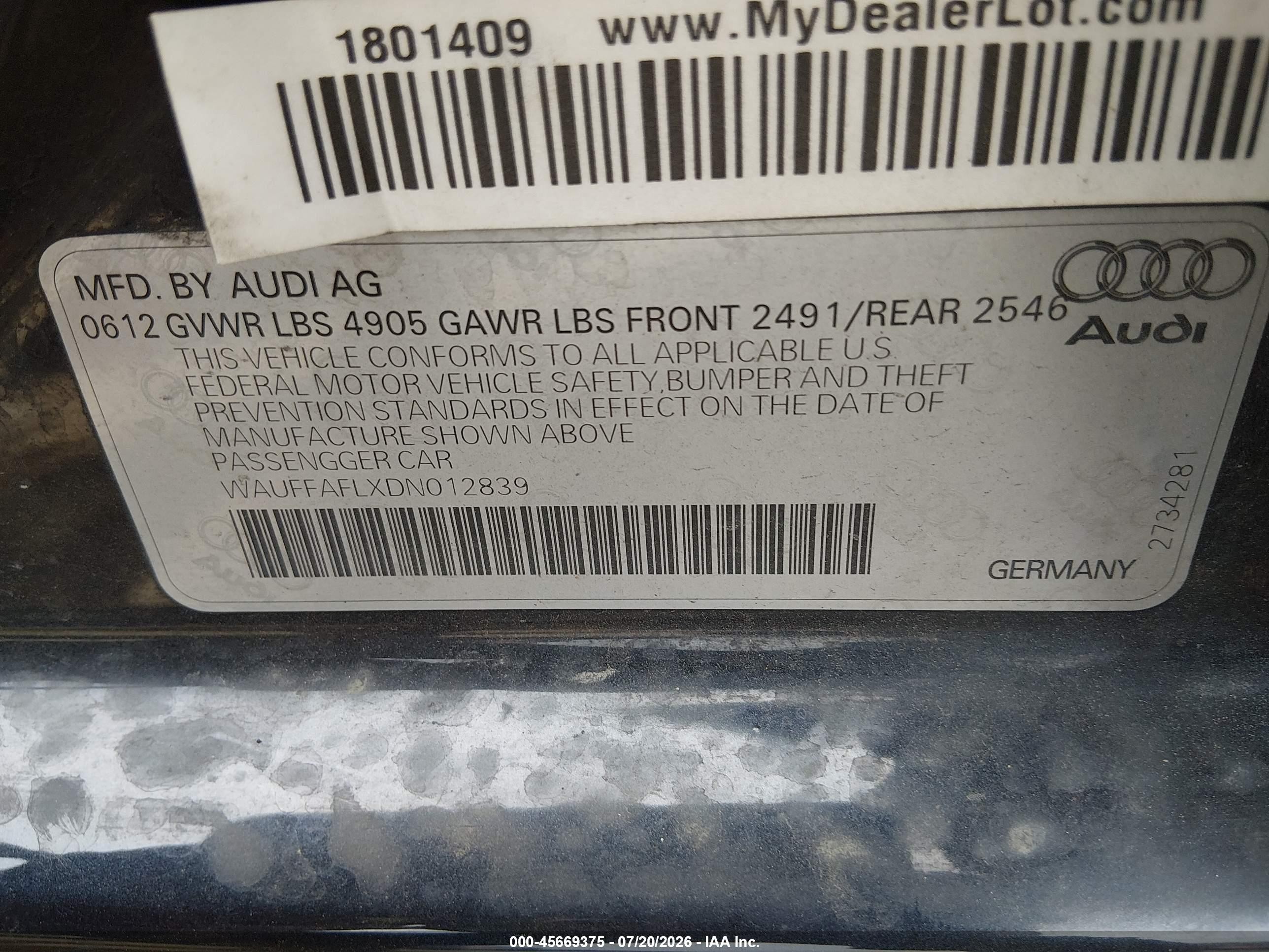 2013 Audi A4 2.0t Premium Blue vin: WAUFFAFLXDN012839