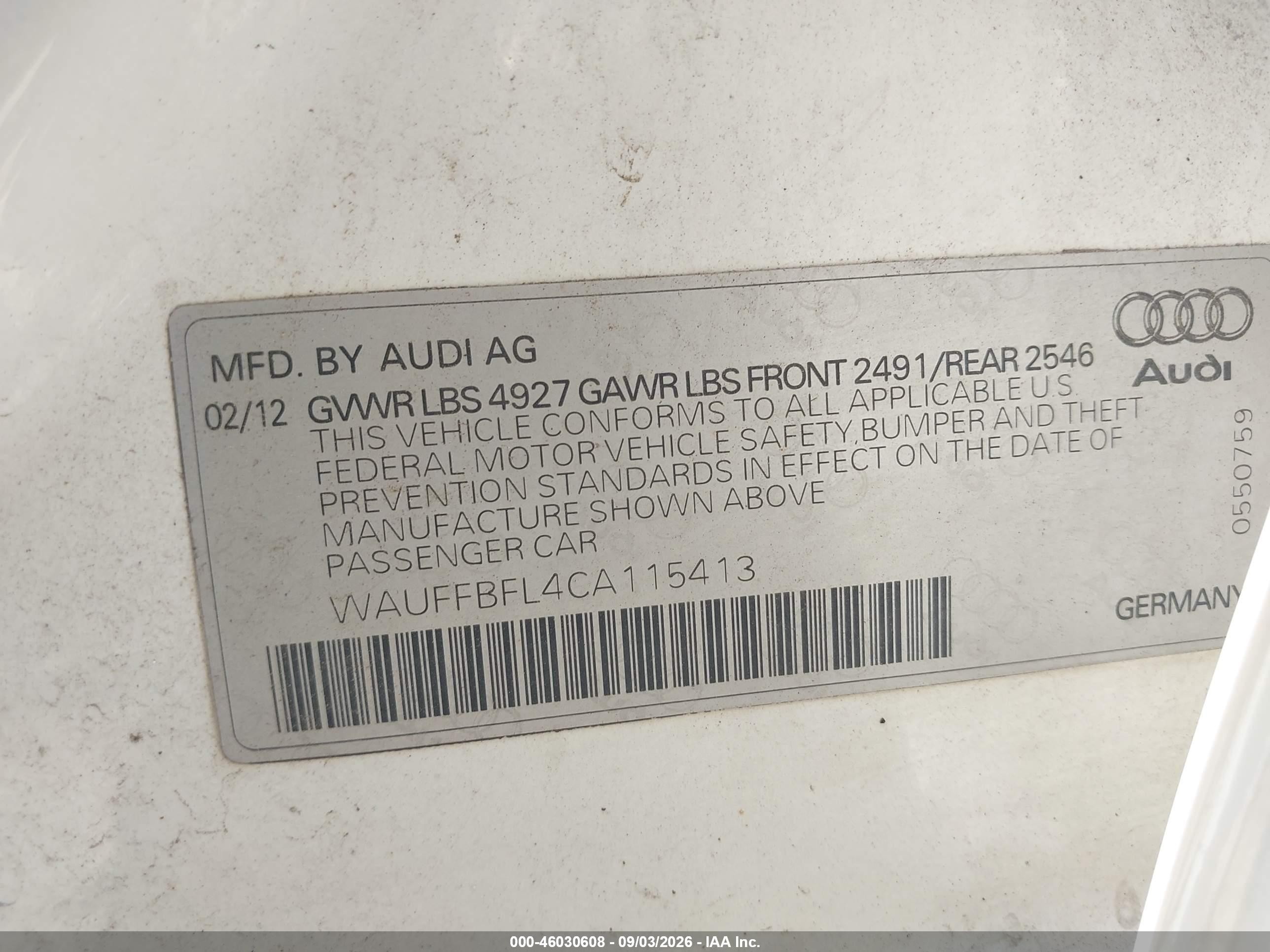 2012 Audi A4 2.0t Premium White vin: WAUFFBFL4CA115413