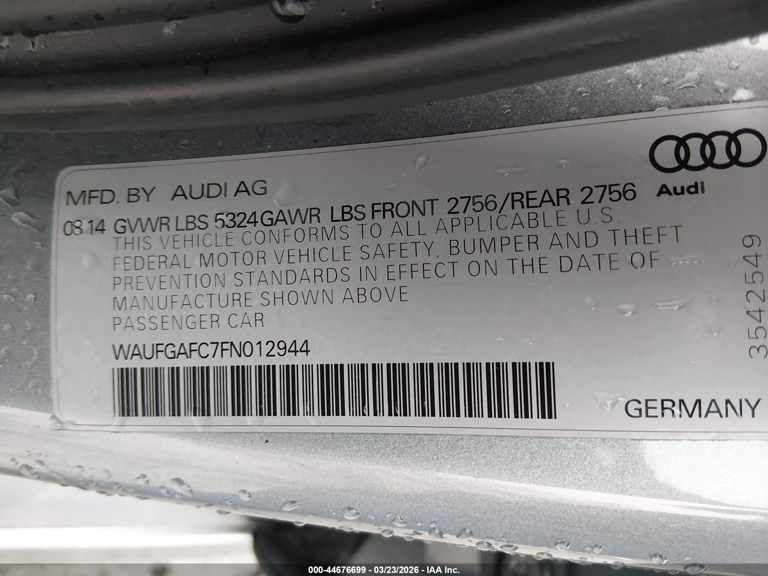 2015 Audi A6 3.0t Premium Plus Серебряный vin: WAUFGAFC7FN012944