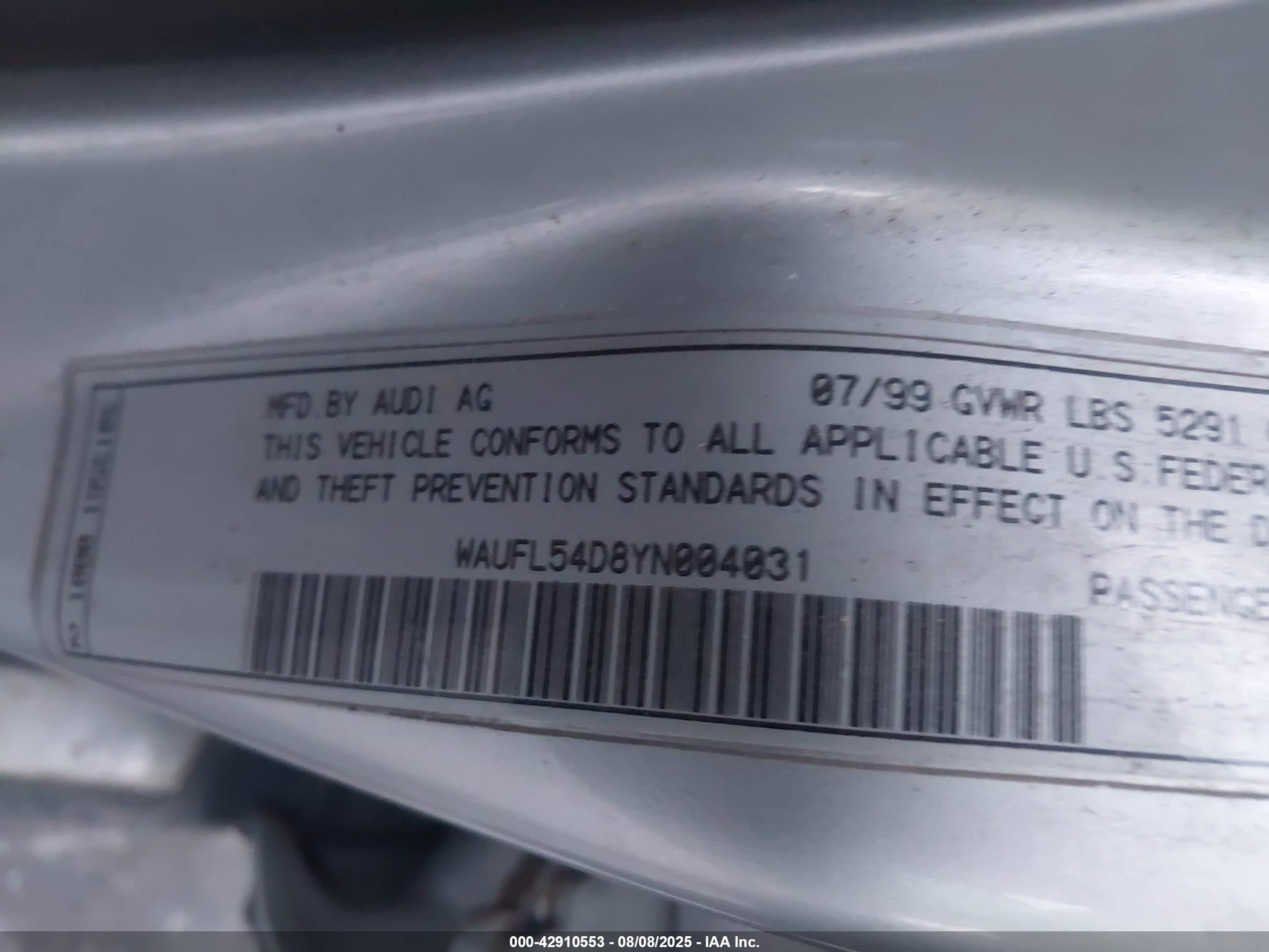 2000 Audi A8 4.2 Silver vin: WAUFL54D8YN004031