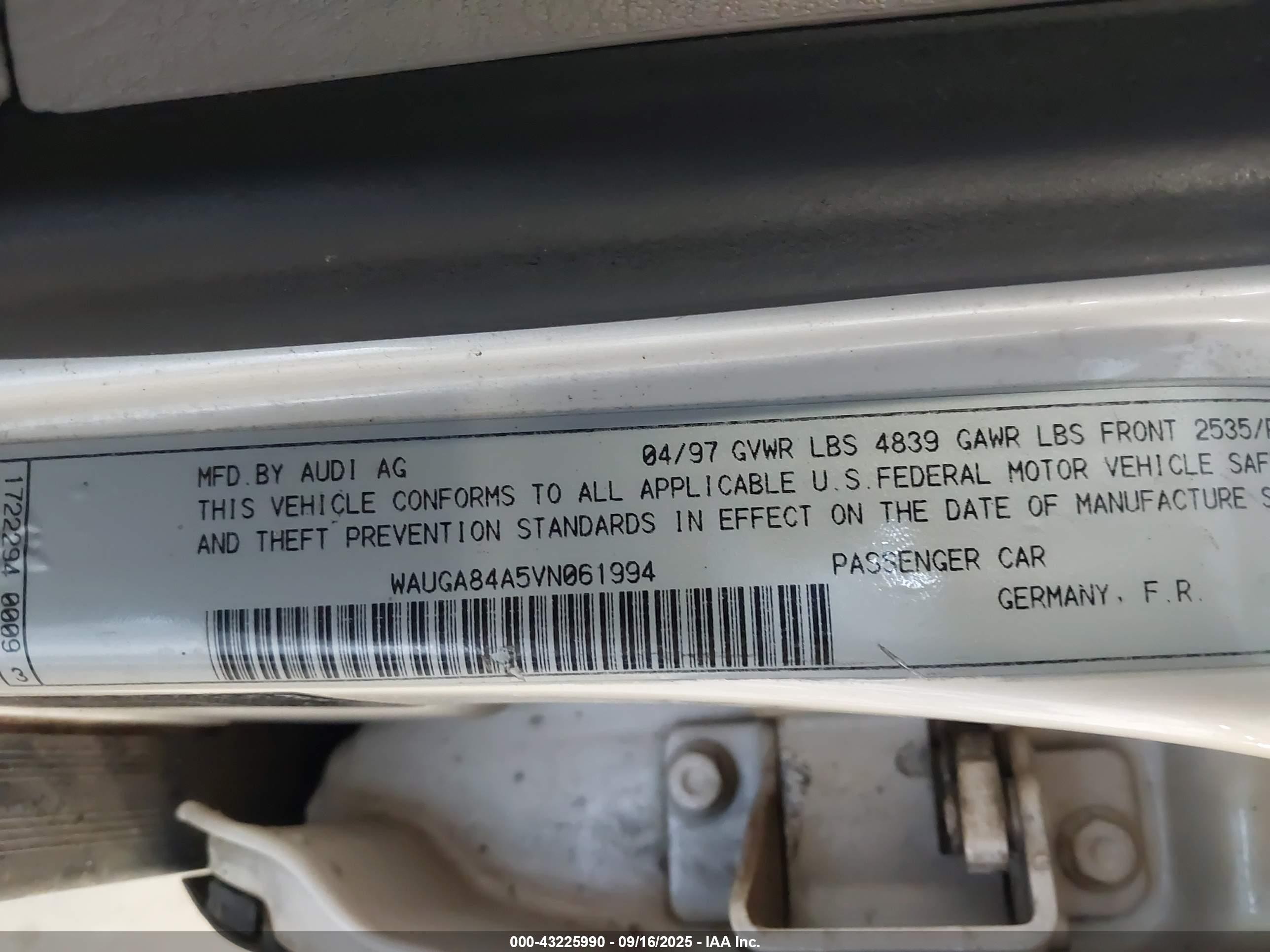 1997 Audi A6   Белый vin: WAUGA84A5VN061994