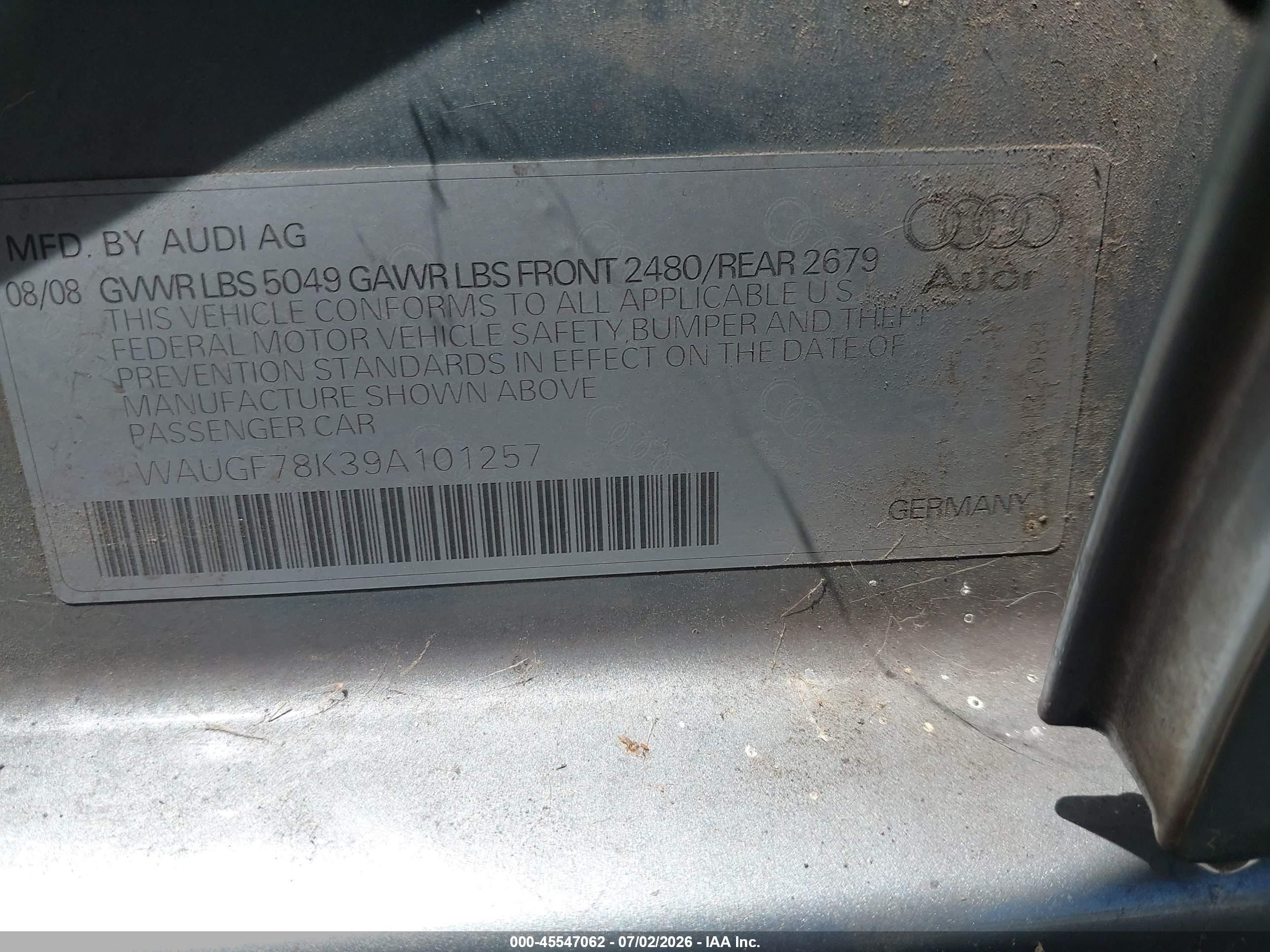 2009 Audi A4 2.0t Avant Gray vin: WAUGF78K39A101257