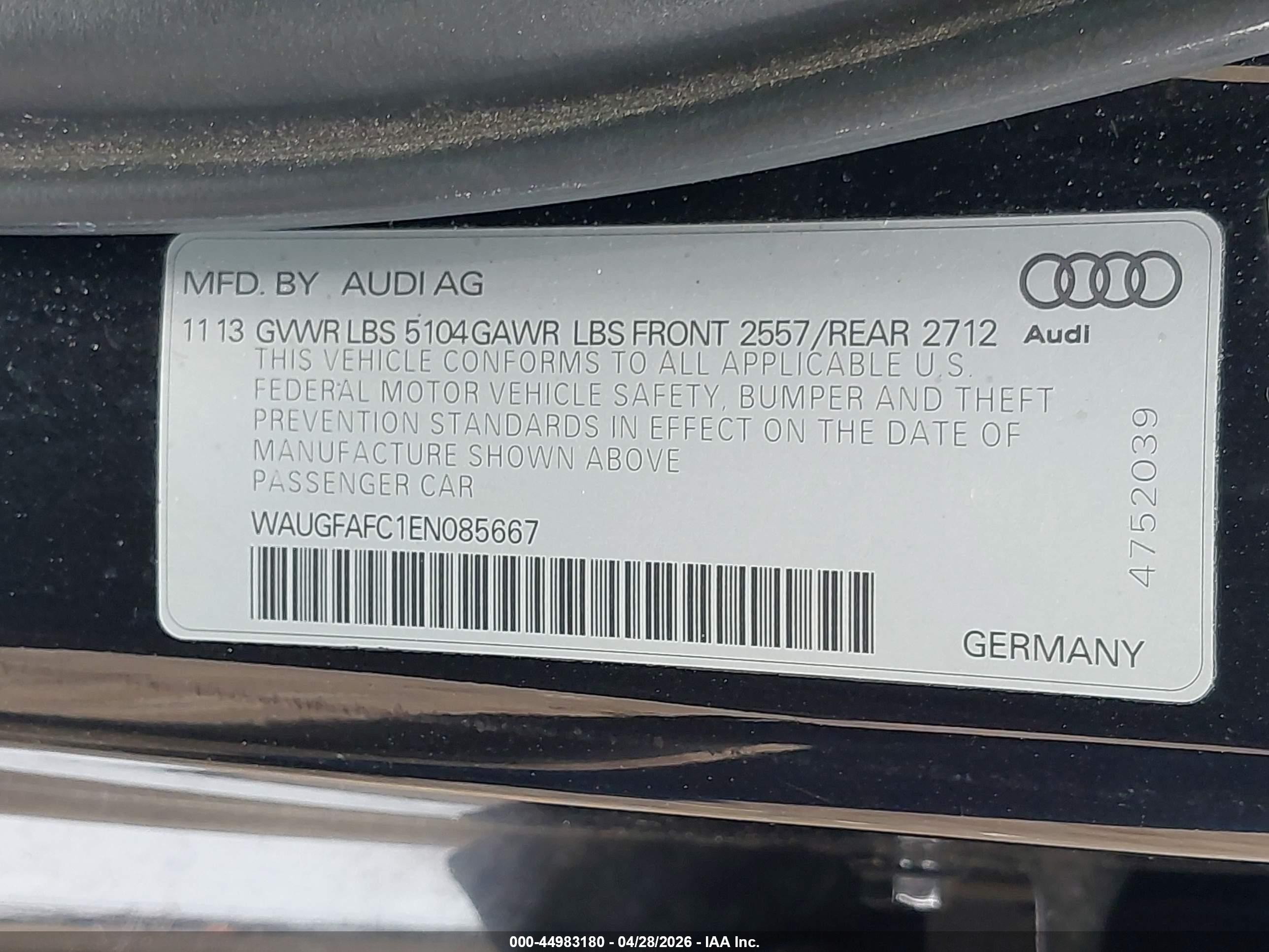 2014 Audi A6 2.0t Premium Black vin: WAUGFAFC1EN085667