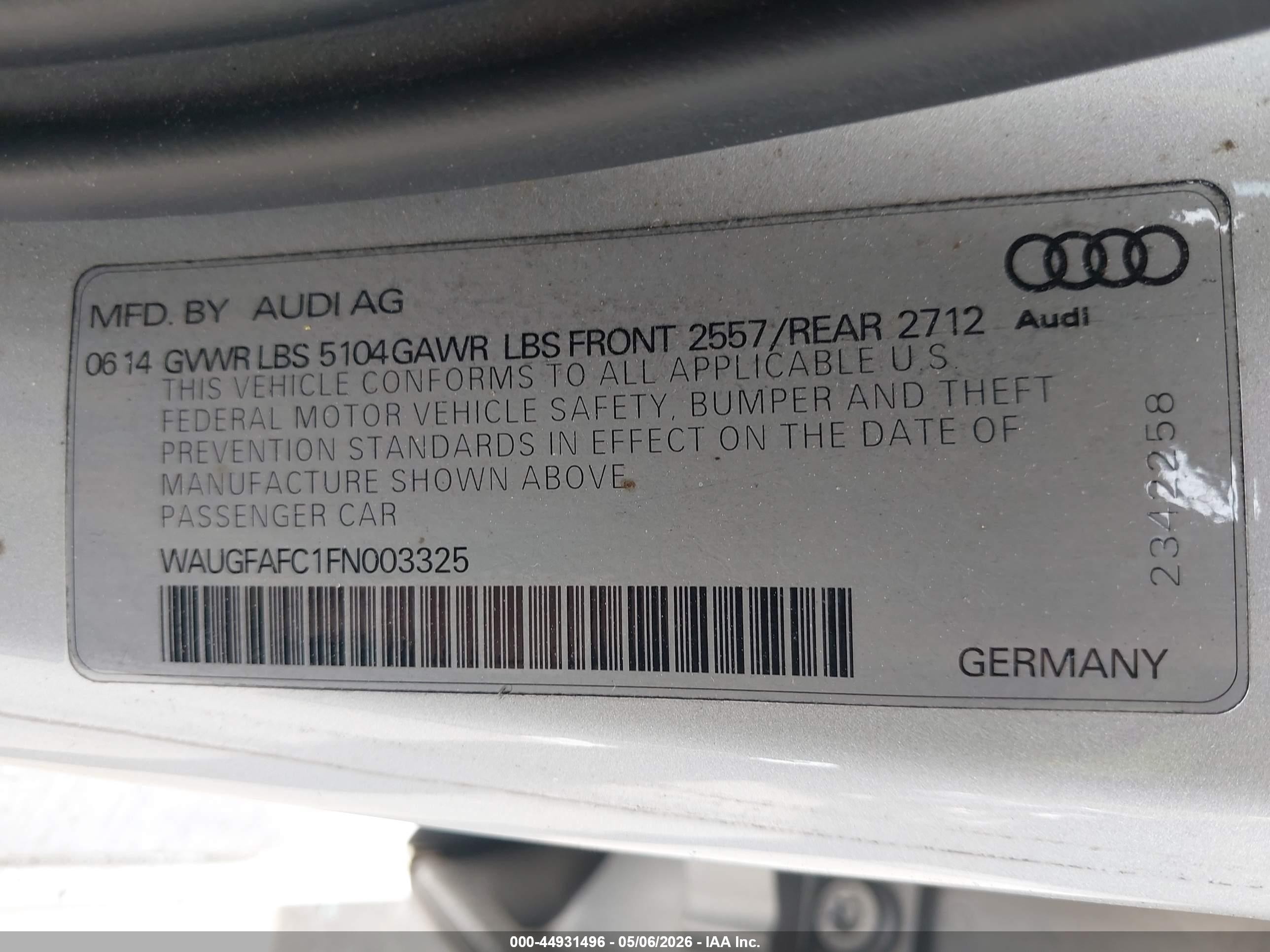 2015 Audi A6 2.0t Premium Silver vin: WAUGFAFC1FN003325