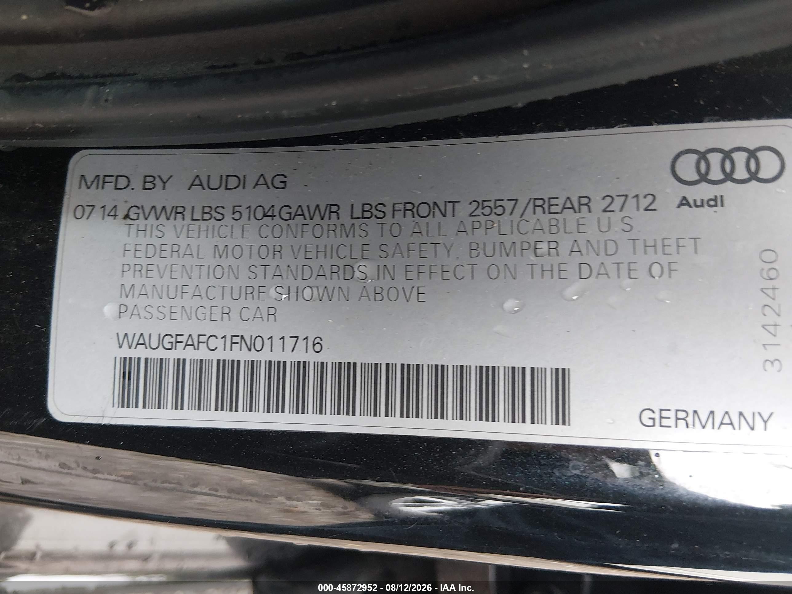 2015 Audi A6 2.0t Premium Black vin: WAUGFAFC1FN011716