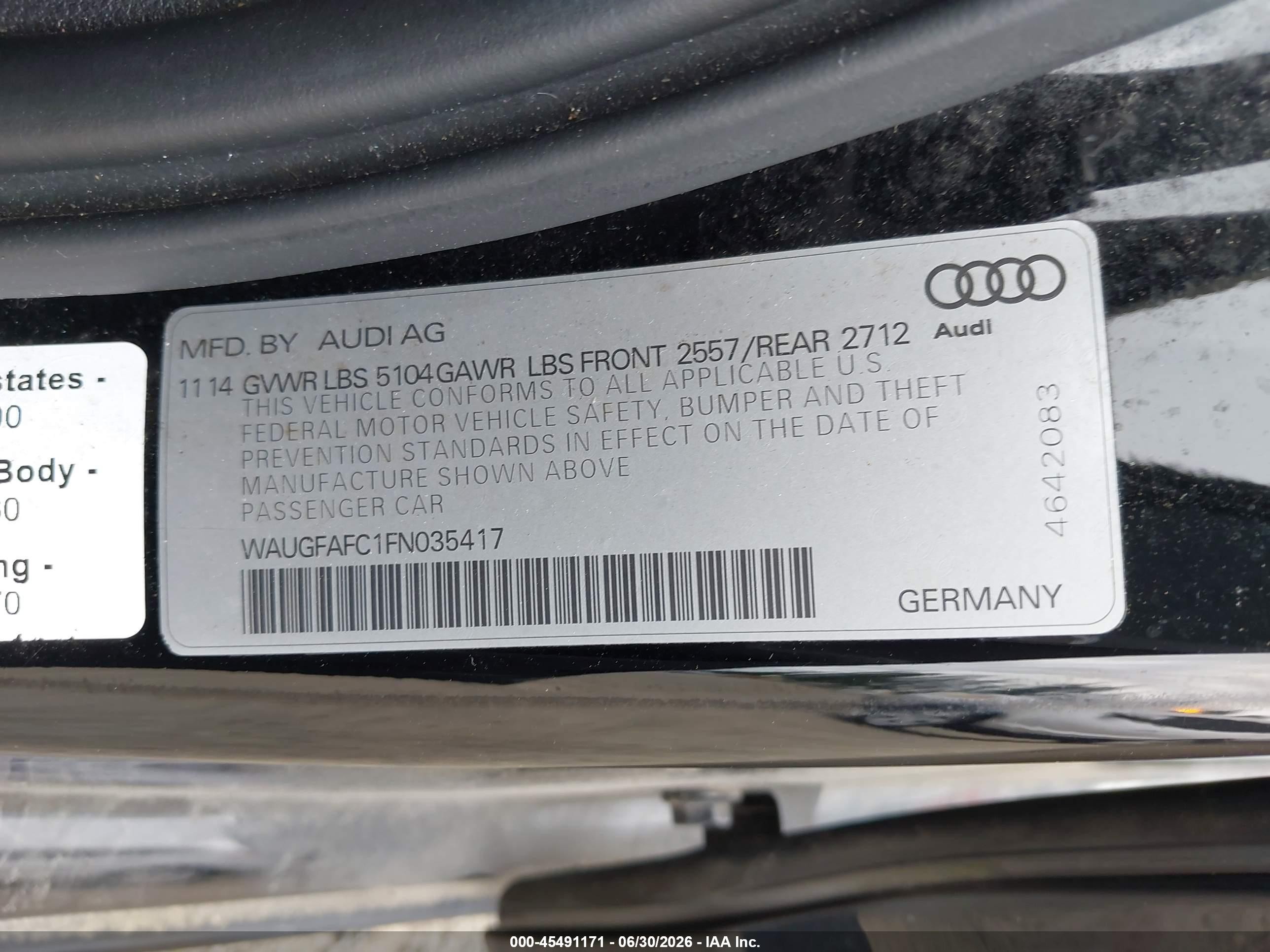 2015 Audi A6 2.0t Premium Black vin: WAUGFAFC1FN035417