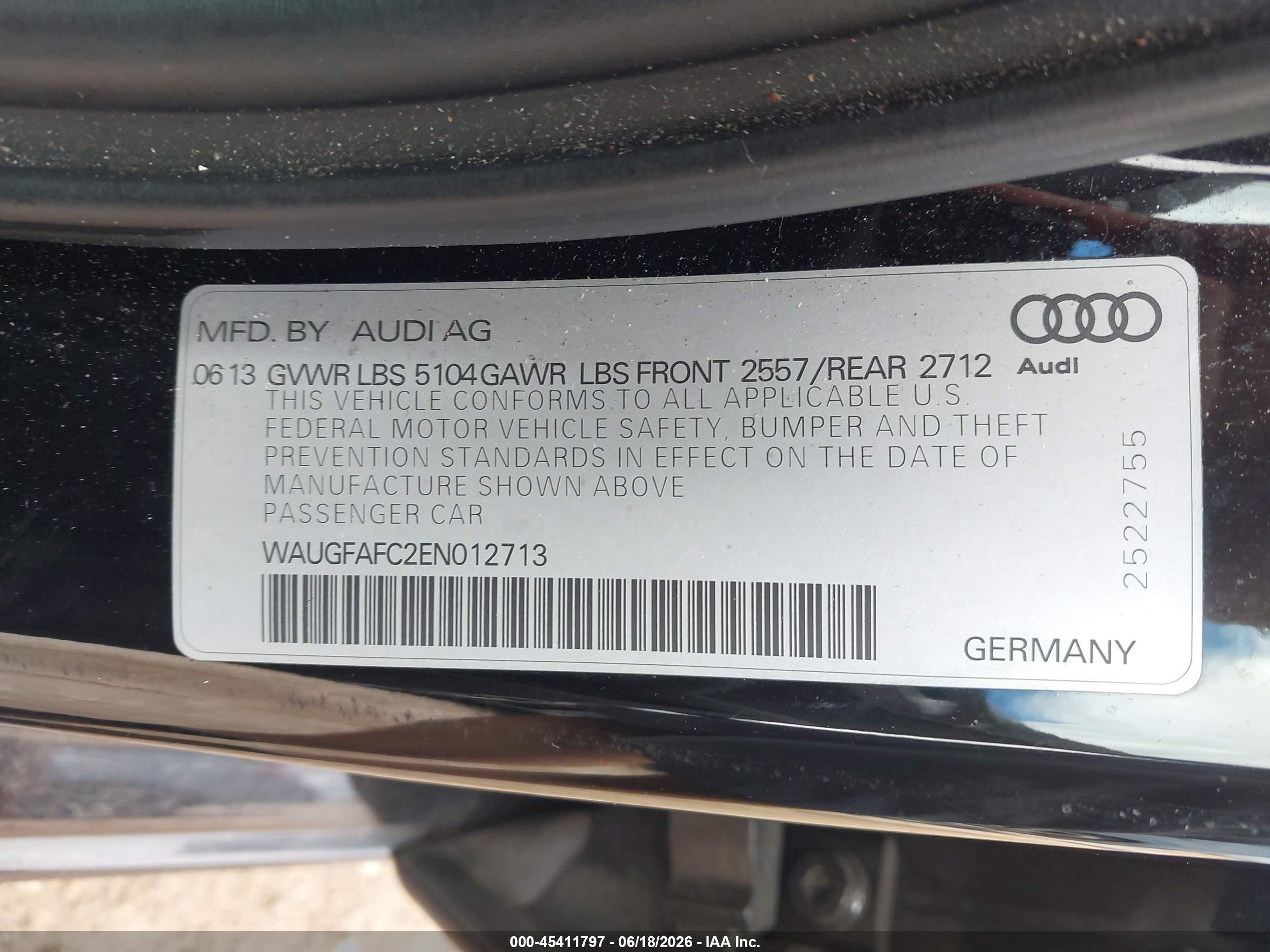 2014 Audi A6 2.0t Premium Black vin: WAUGFAFC2EN012713