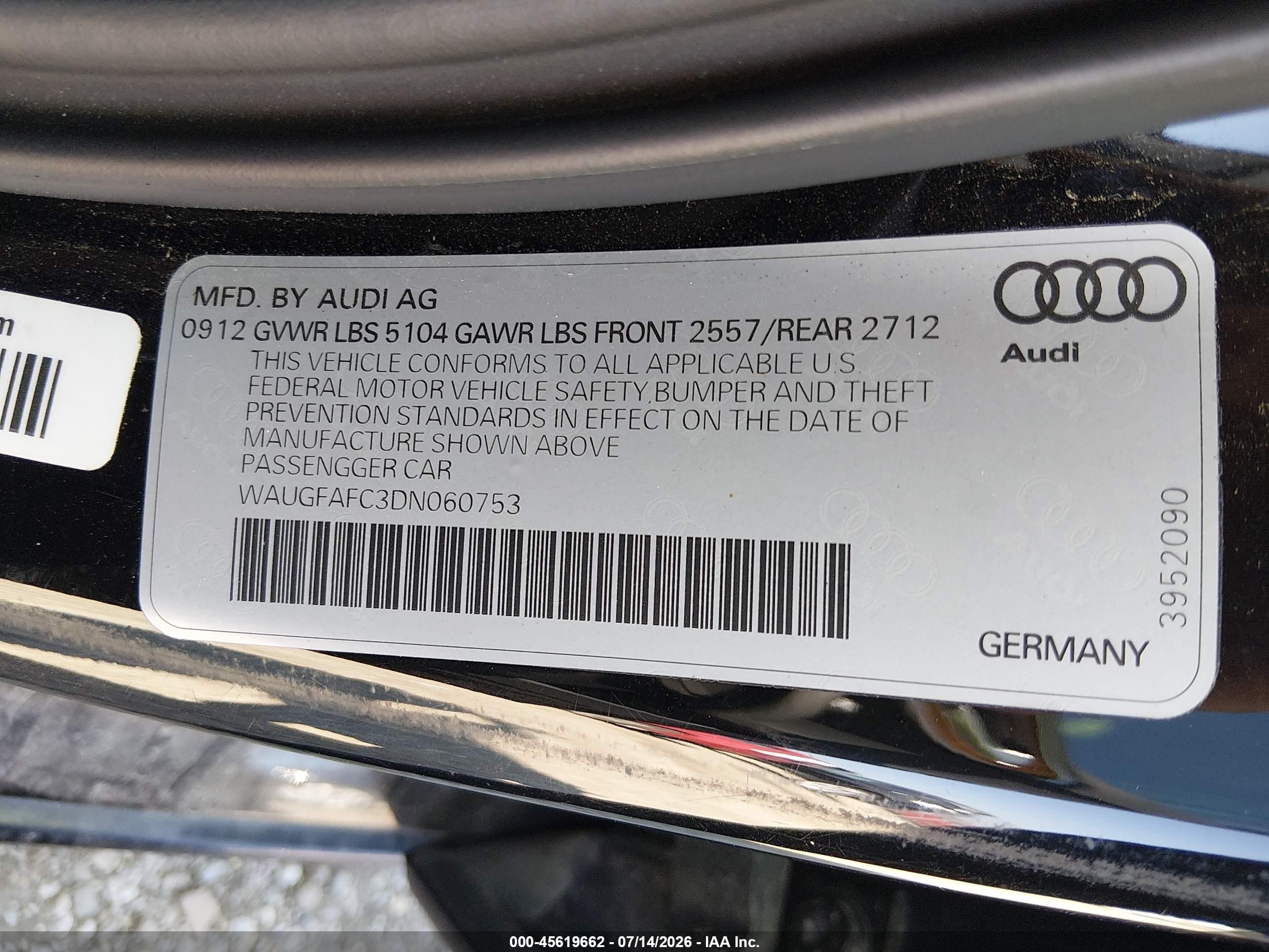 2013 Audi A6 2.0t Premium Black vin: WAUGFAFC3DN060753