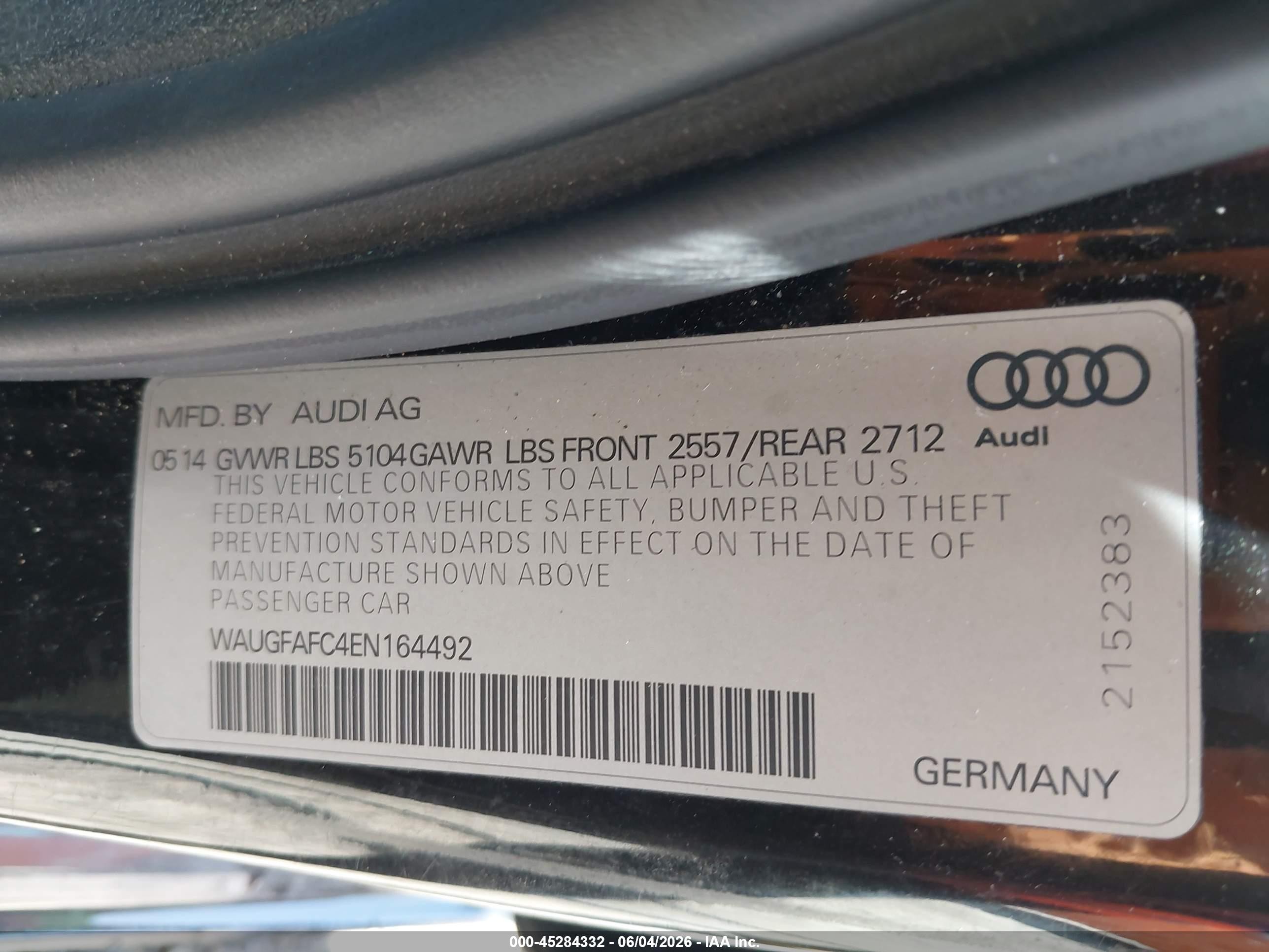 2014 Audi A6 2.0t Premium Black vin: WAUGFAFC4EN164492