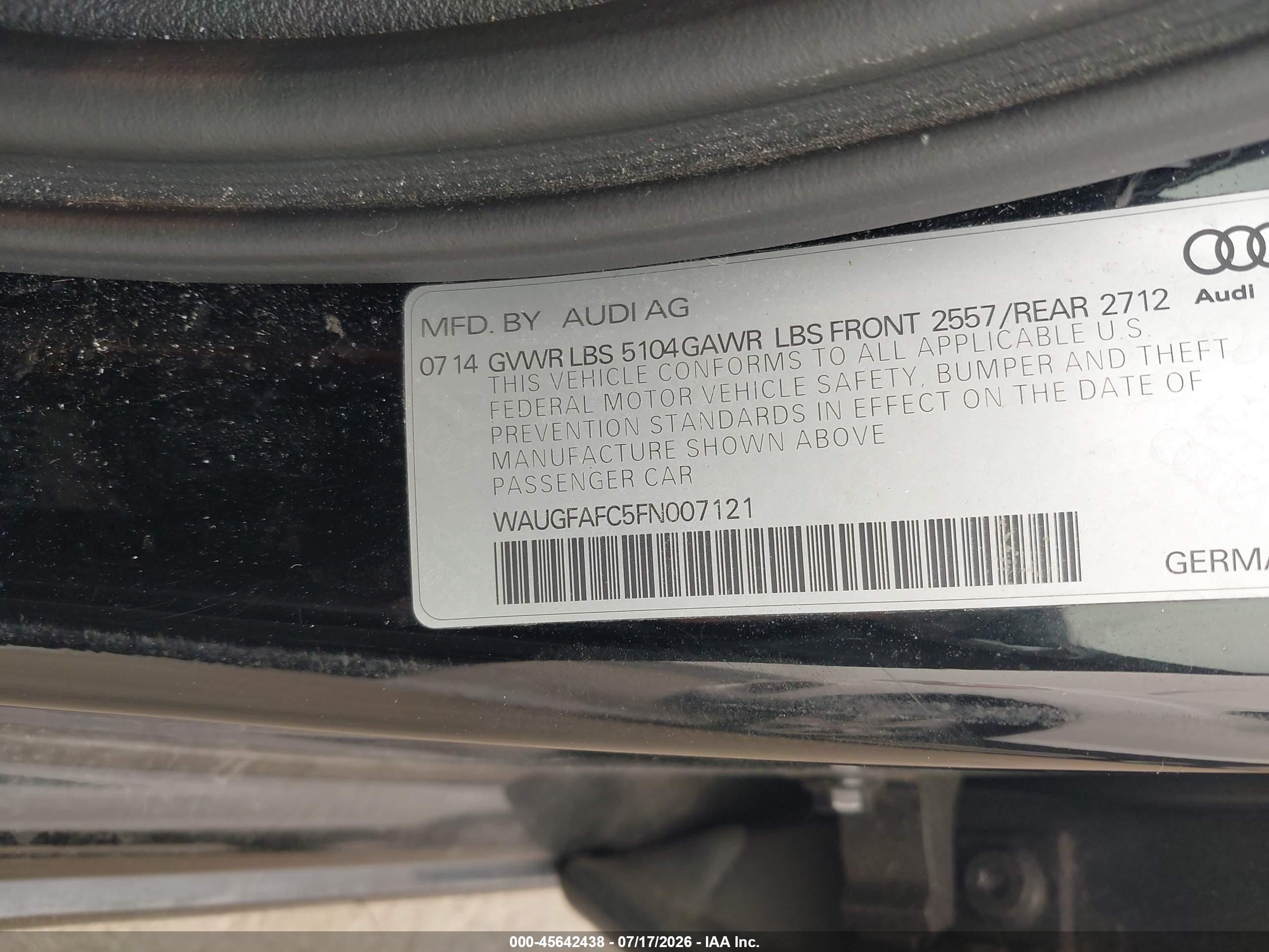 2015 Audi A6 2.0t Premium Black vin: WAUGFAFC5FN007121