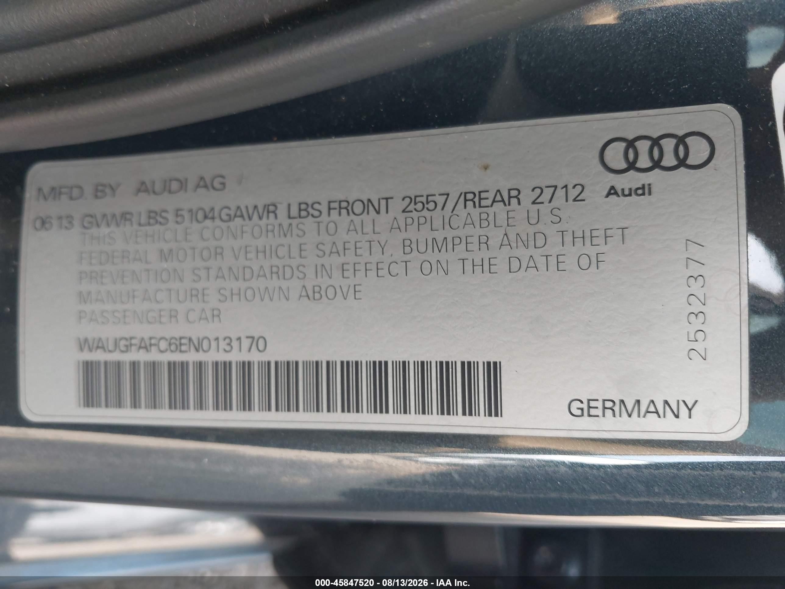 2014 Audi A6 2.0t Premium Black vin: WAUGFAFC6EN013170