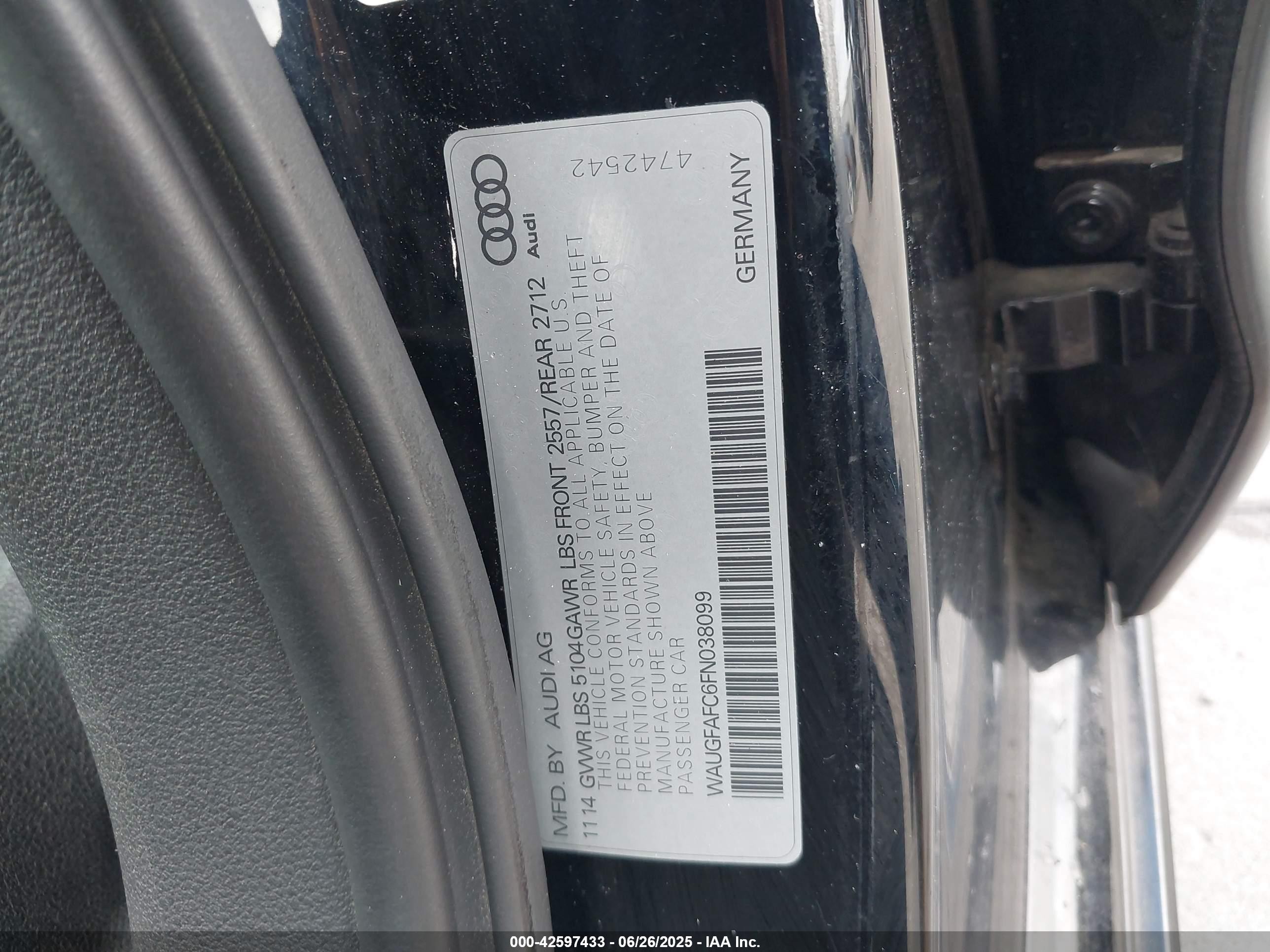 2015 Audi A6 2.0t Premium Black vin: WAUGFAFC6FN038099