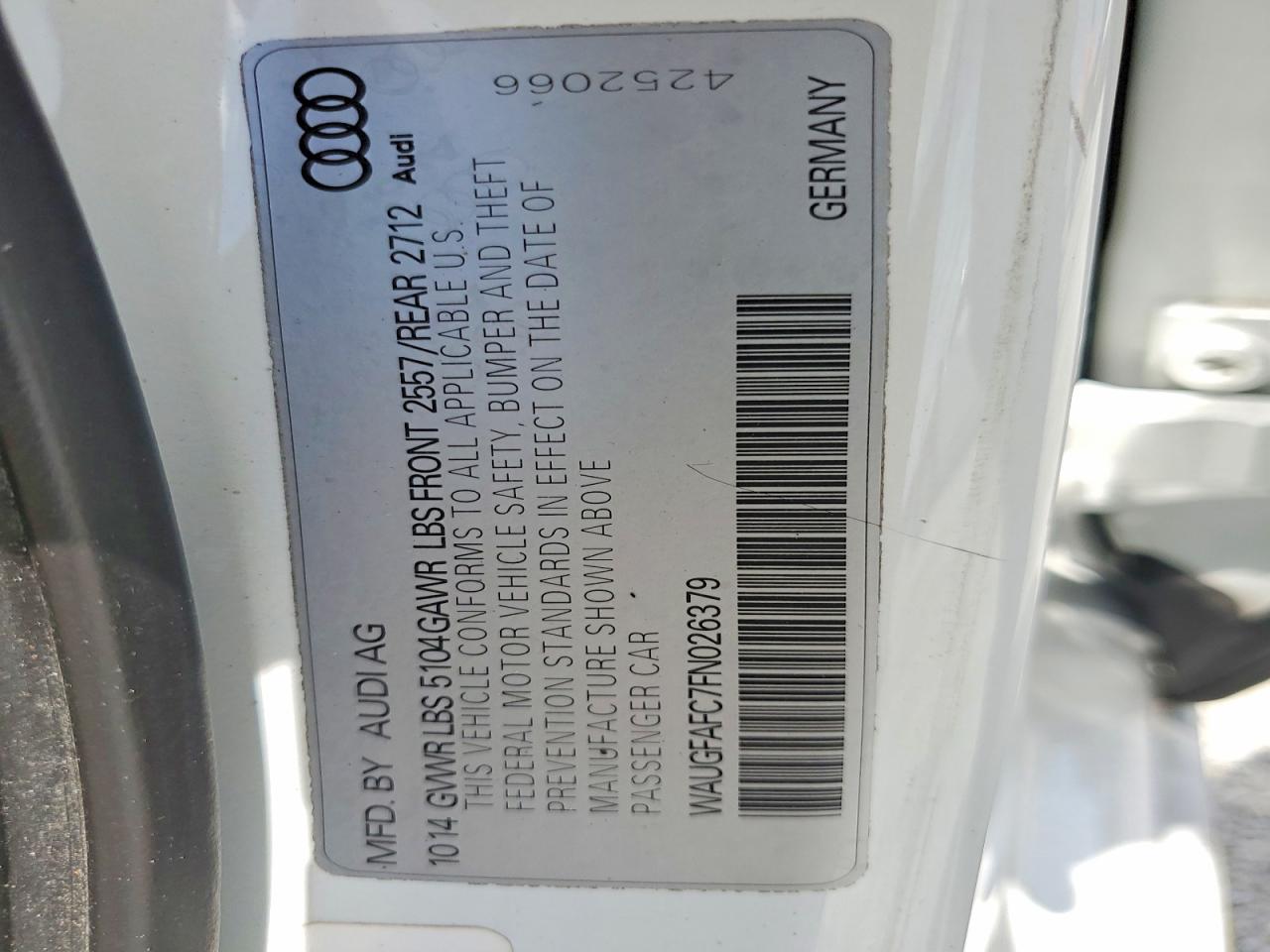 2015 Audi A6 Premium Plus White vin: WAUGFAFC7FN026379