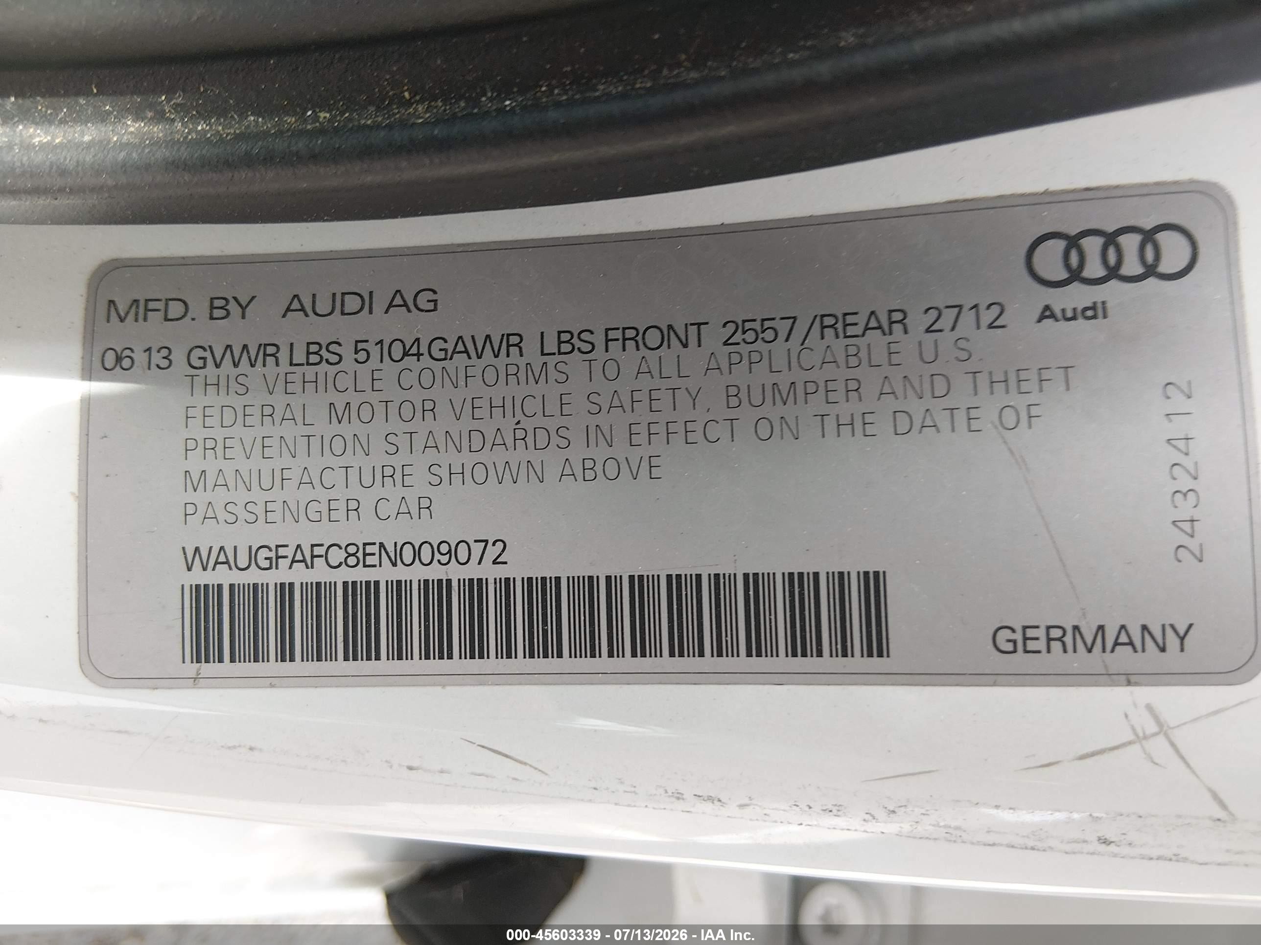 2014 Audi A6 2.0t Premium White vin: WAUGFAFC8EN009072