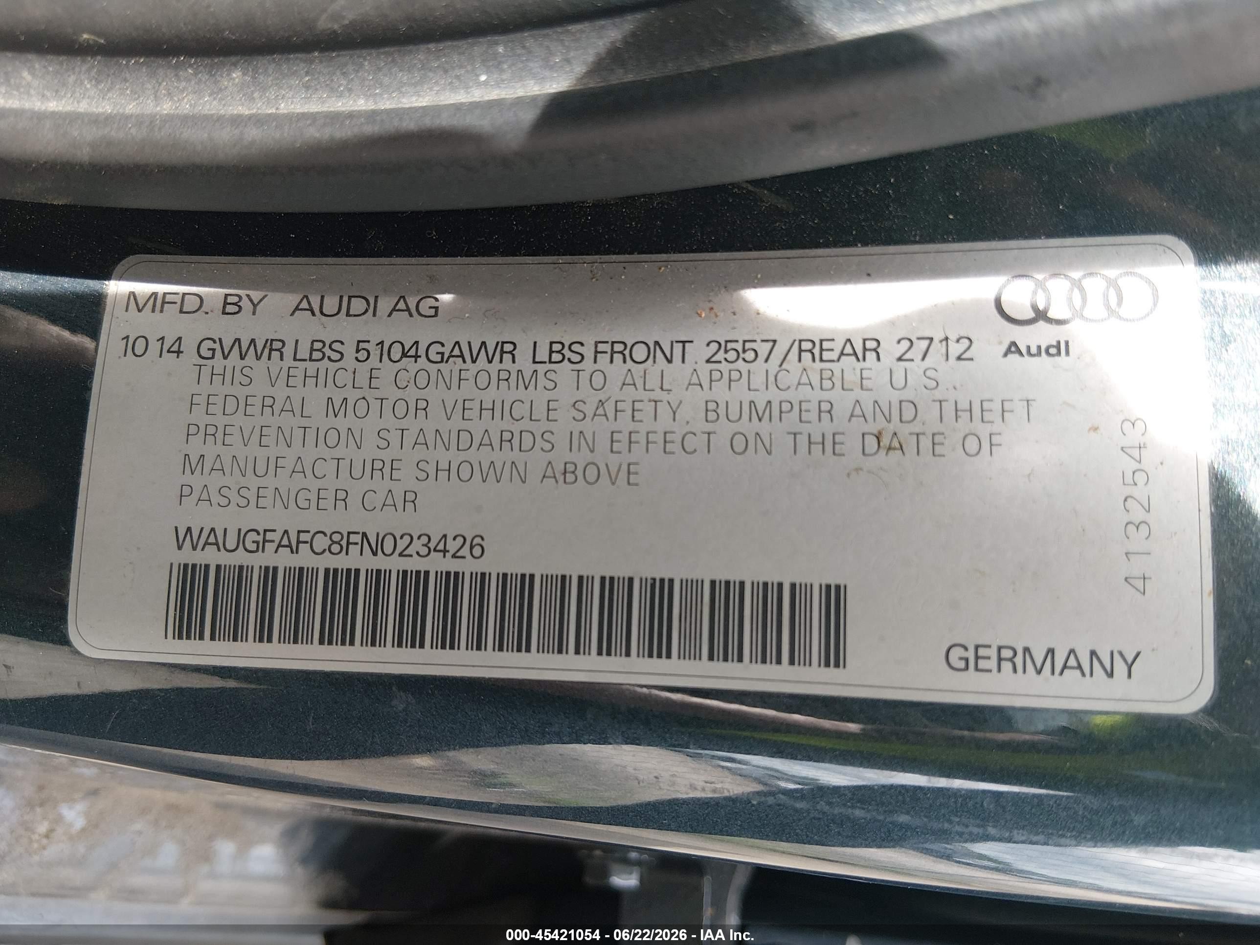 2015 Audi A6 2.0t Premium Blue vin: WAUGFAFC8FN023426