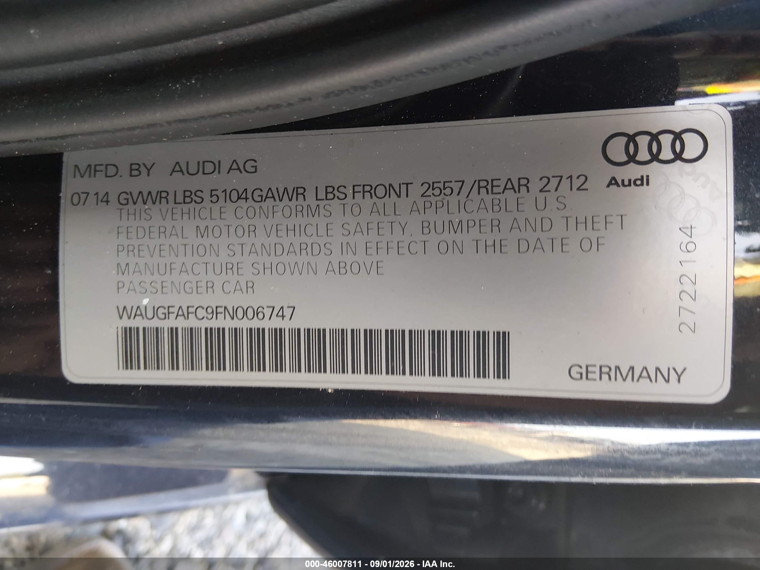 2015 Audi A6 2.0t Premium Black vin: WAUGFAFC9FN006747