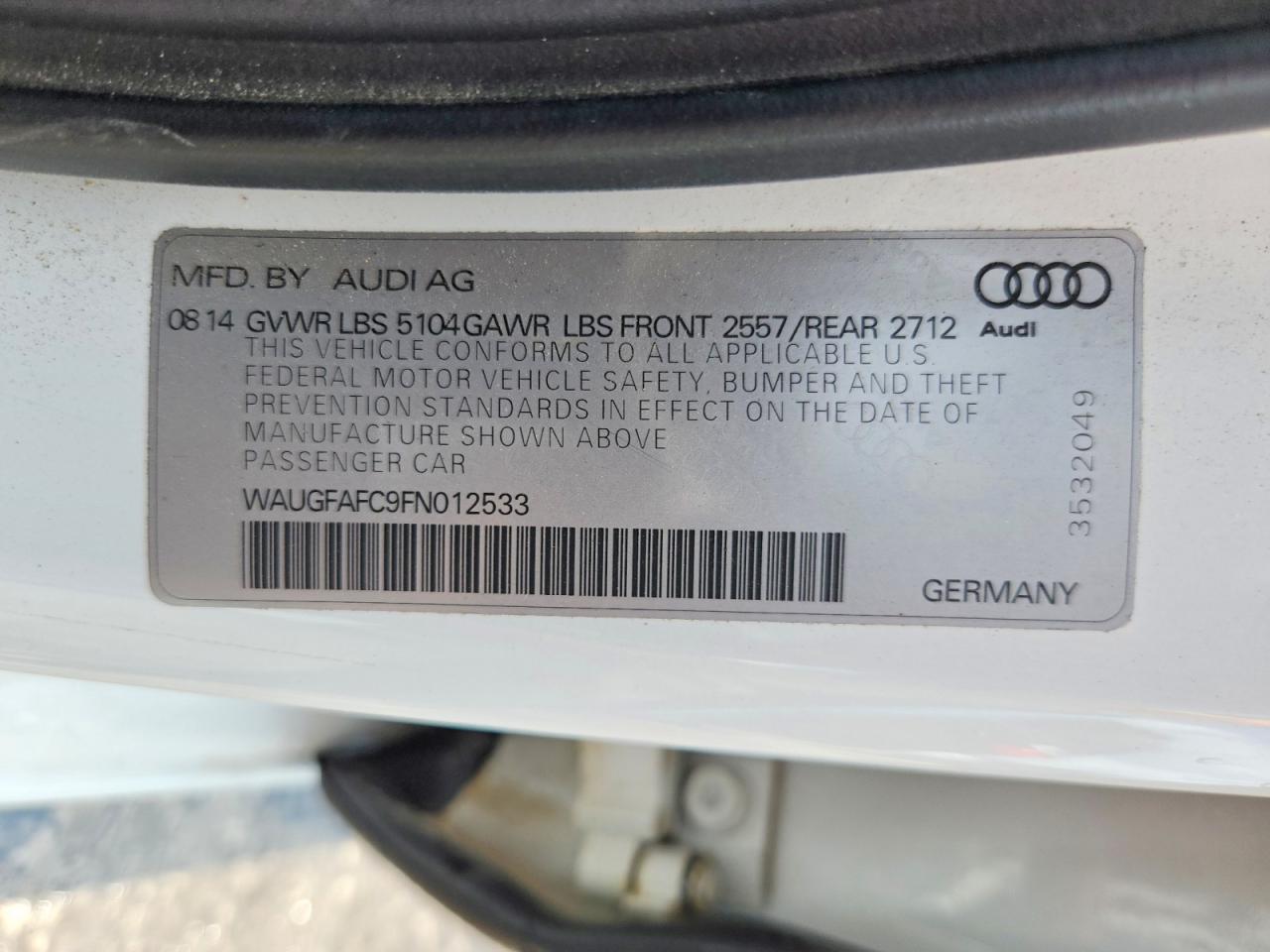 2015 Audi A6 2.0t Qu White vin: WAUGFAFC9FN012533