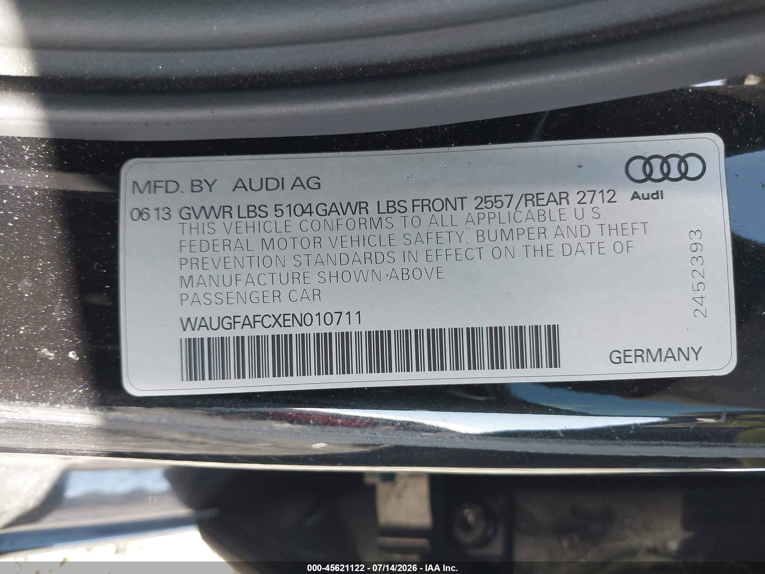 2014 Audi A6 2.0t Premium Черный vin: WAUGFAFCXEN010711