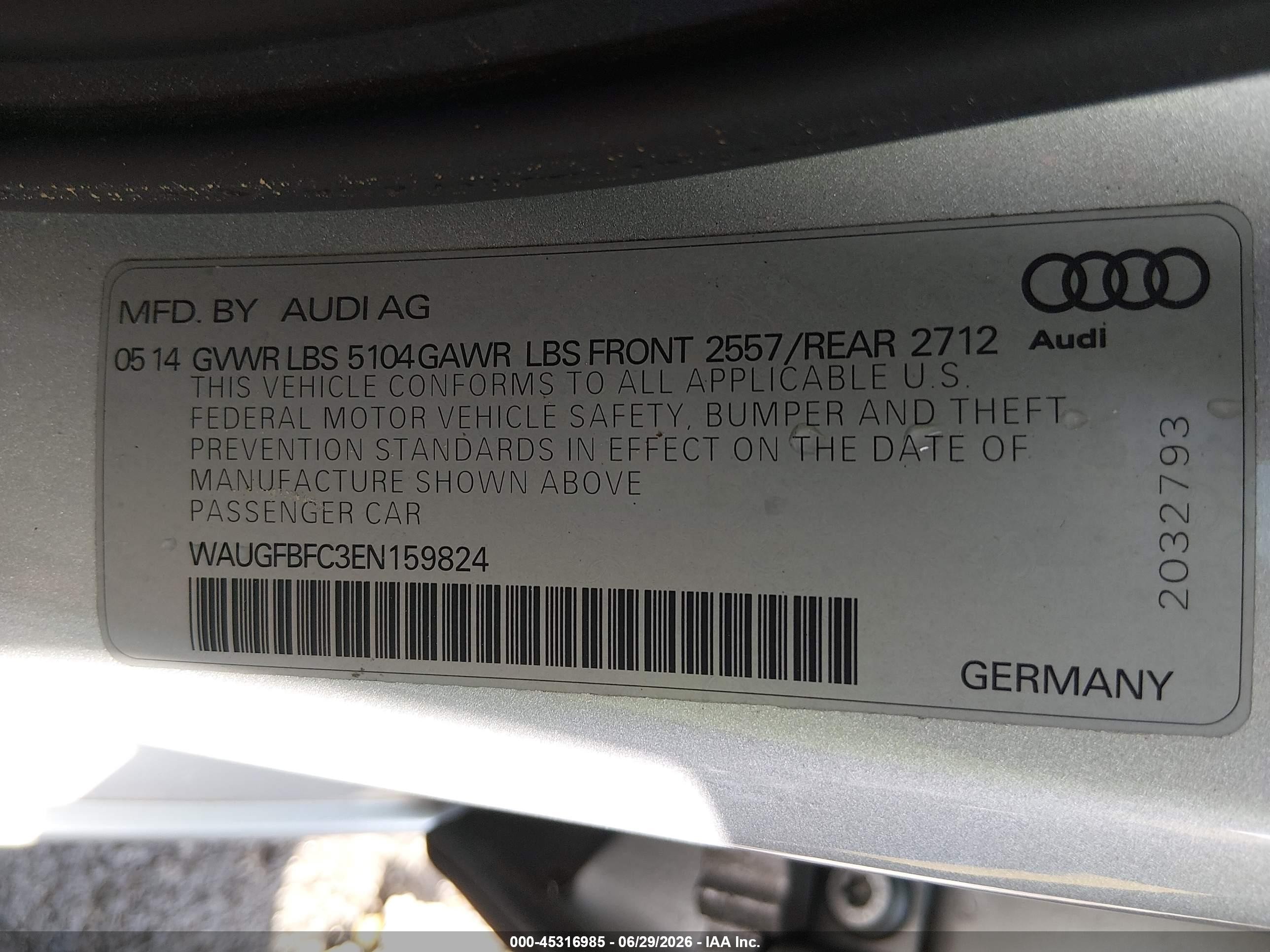 2014 Audi A6 2.0t Premium Silver vin: WAUGFBFC3EN159824