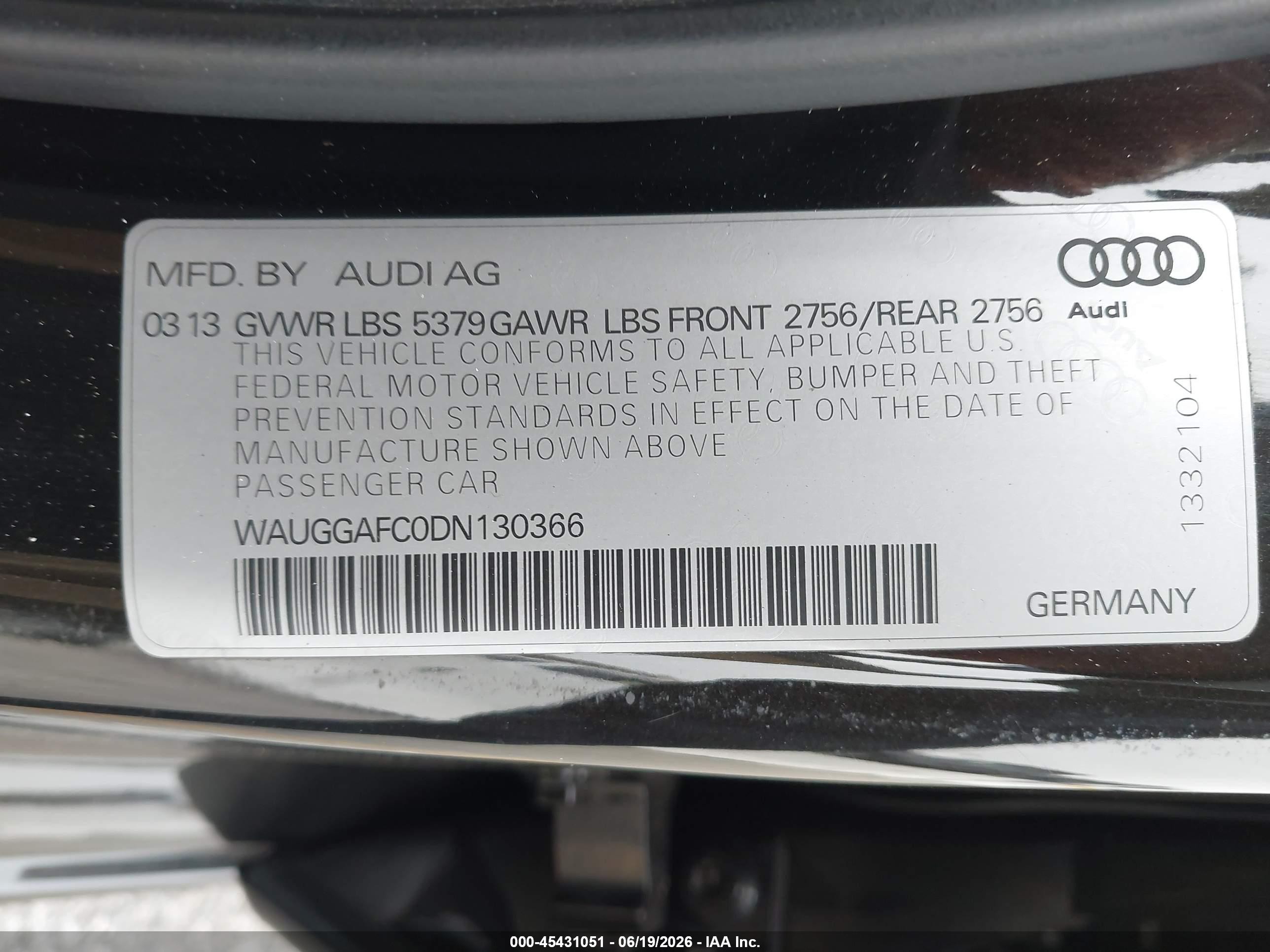 2013 Audi A6 3.0t Premium Black vin: WAUGGAFC0DN130366
