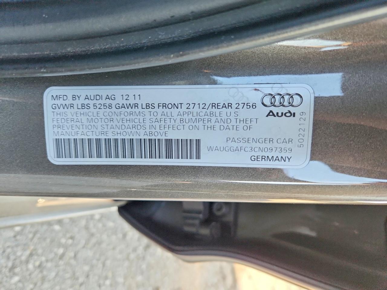 2012 Audi A6 Premium Plus Серый vin: WAUGGAFC3CN097359