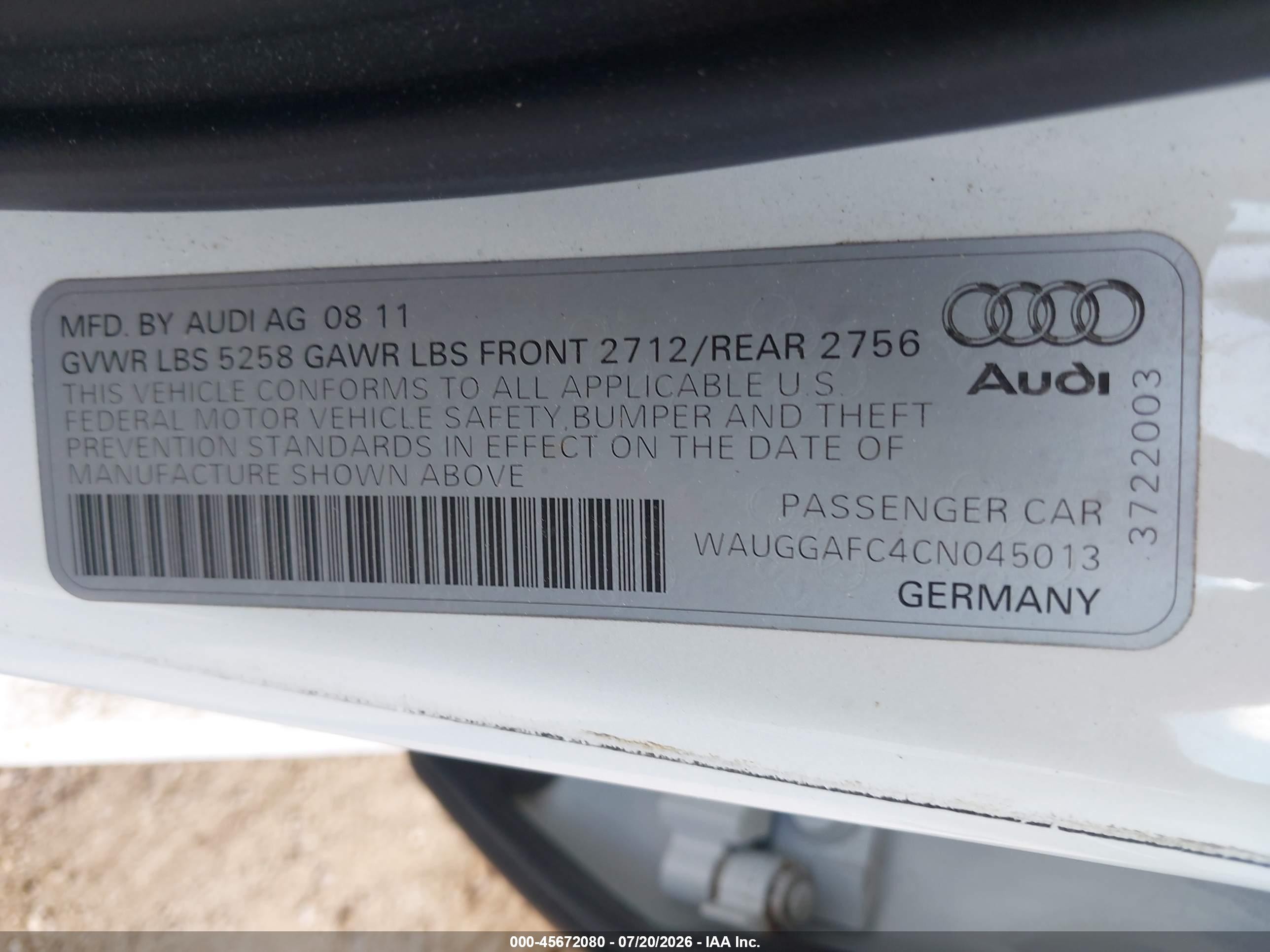 2012 Audi A6 3.0t Premium Plus White vin: WAUGGAFC4CN045013