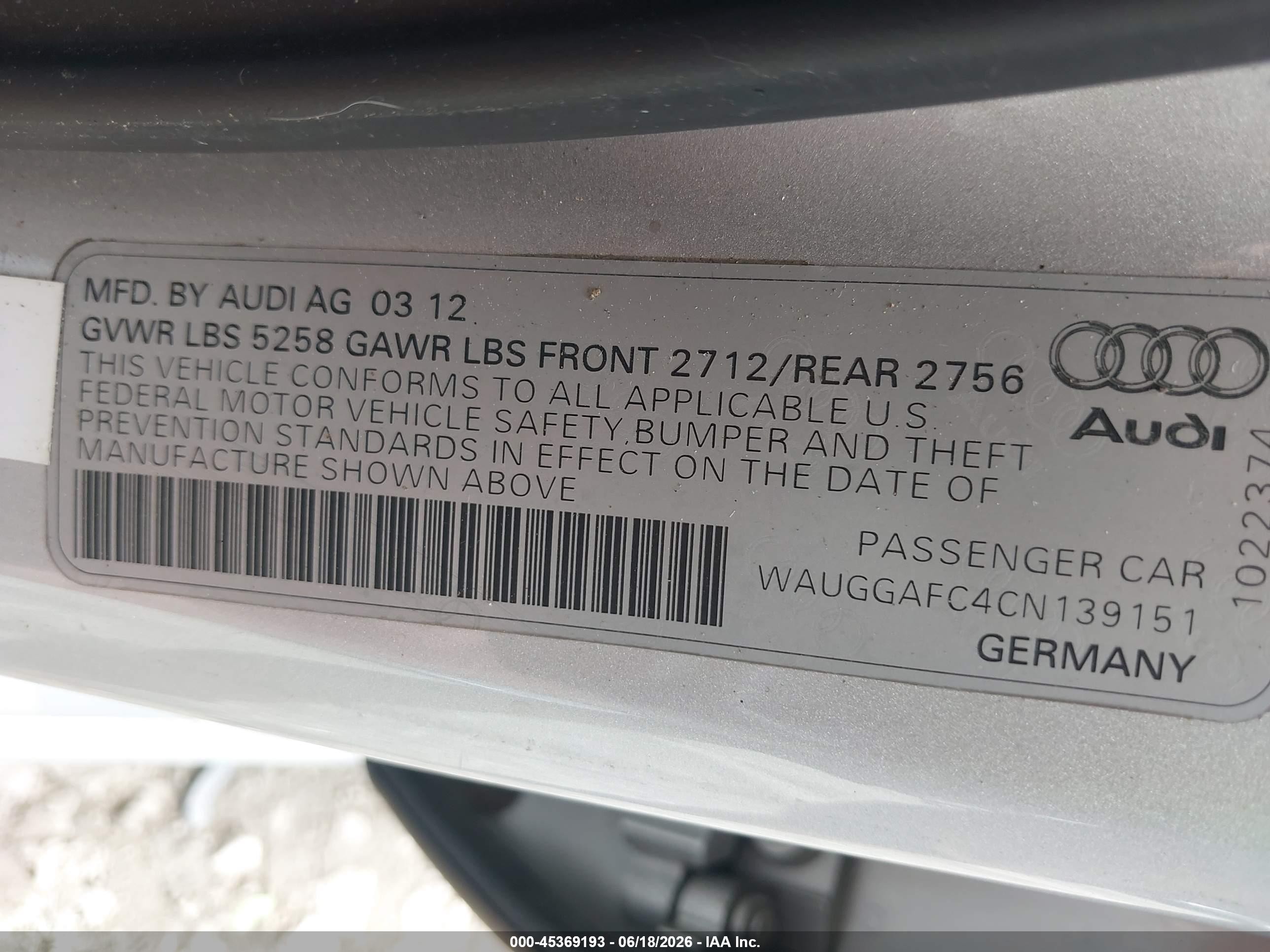 2012 Audi A6 3.0 Premium Silver vin: WAUGGAFC4CN139151