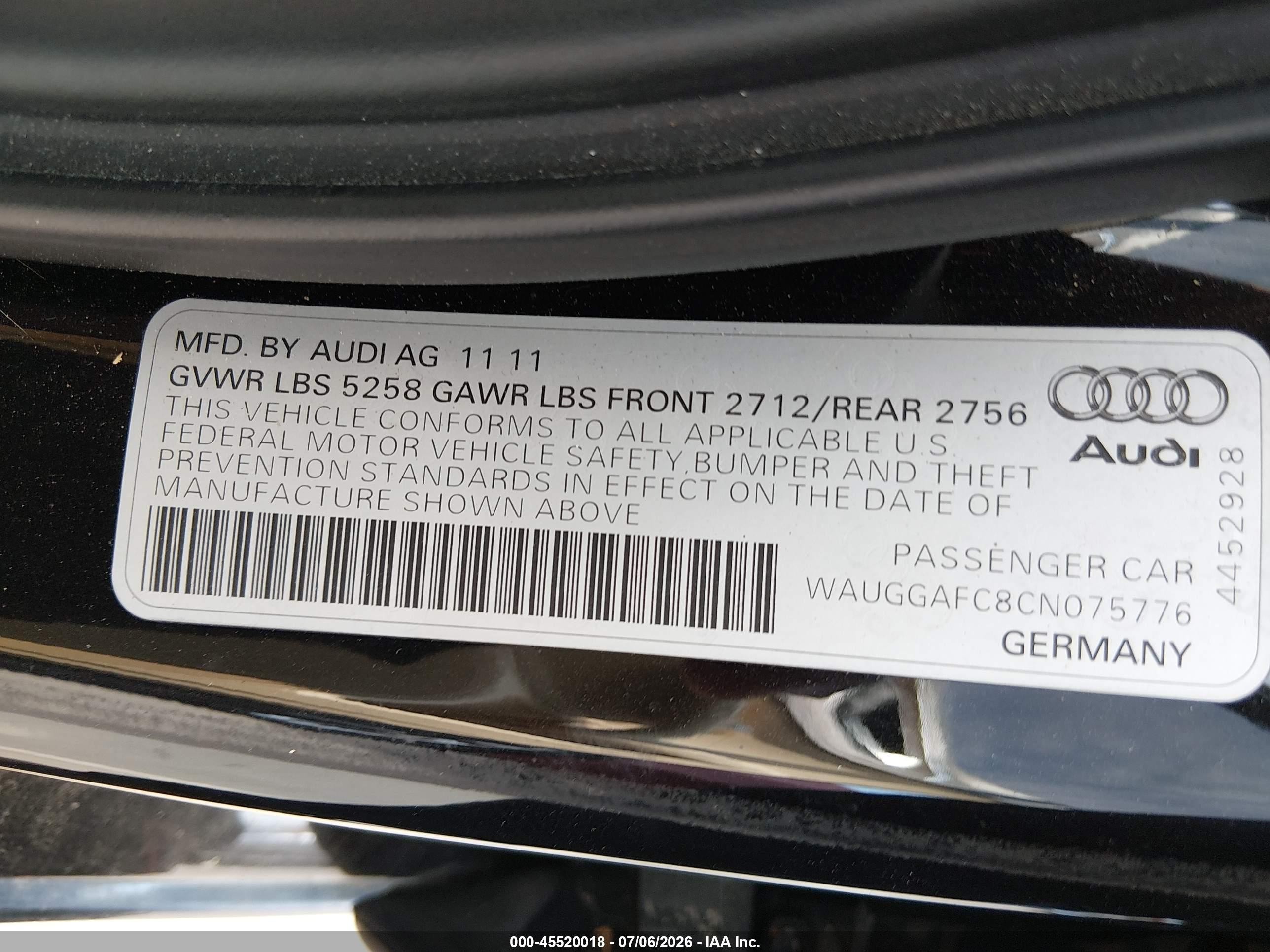 2012 Audi A6 3.0t Premium Plus Black vin: WAUGGAFC8CN075776