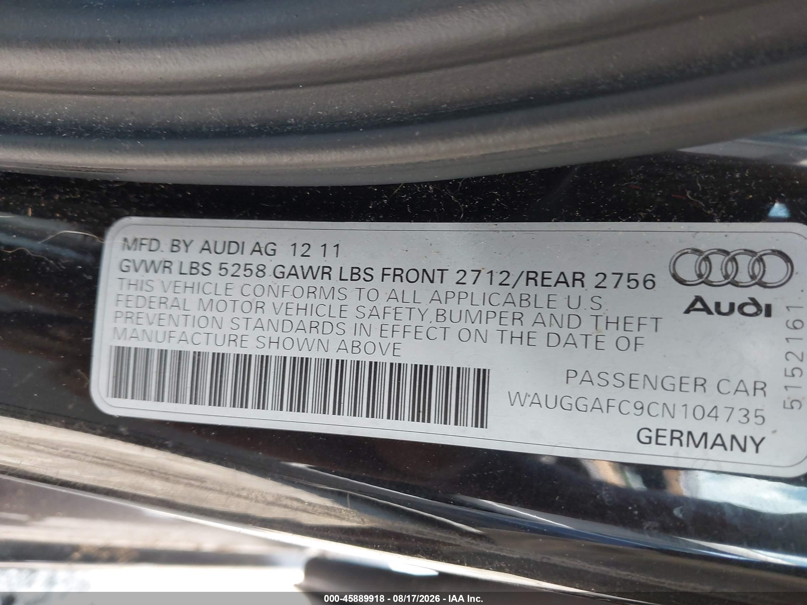 2012 Audi A6 3.0t Premium Plus Black vin: WAUGGAFC9CN104735