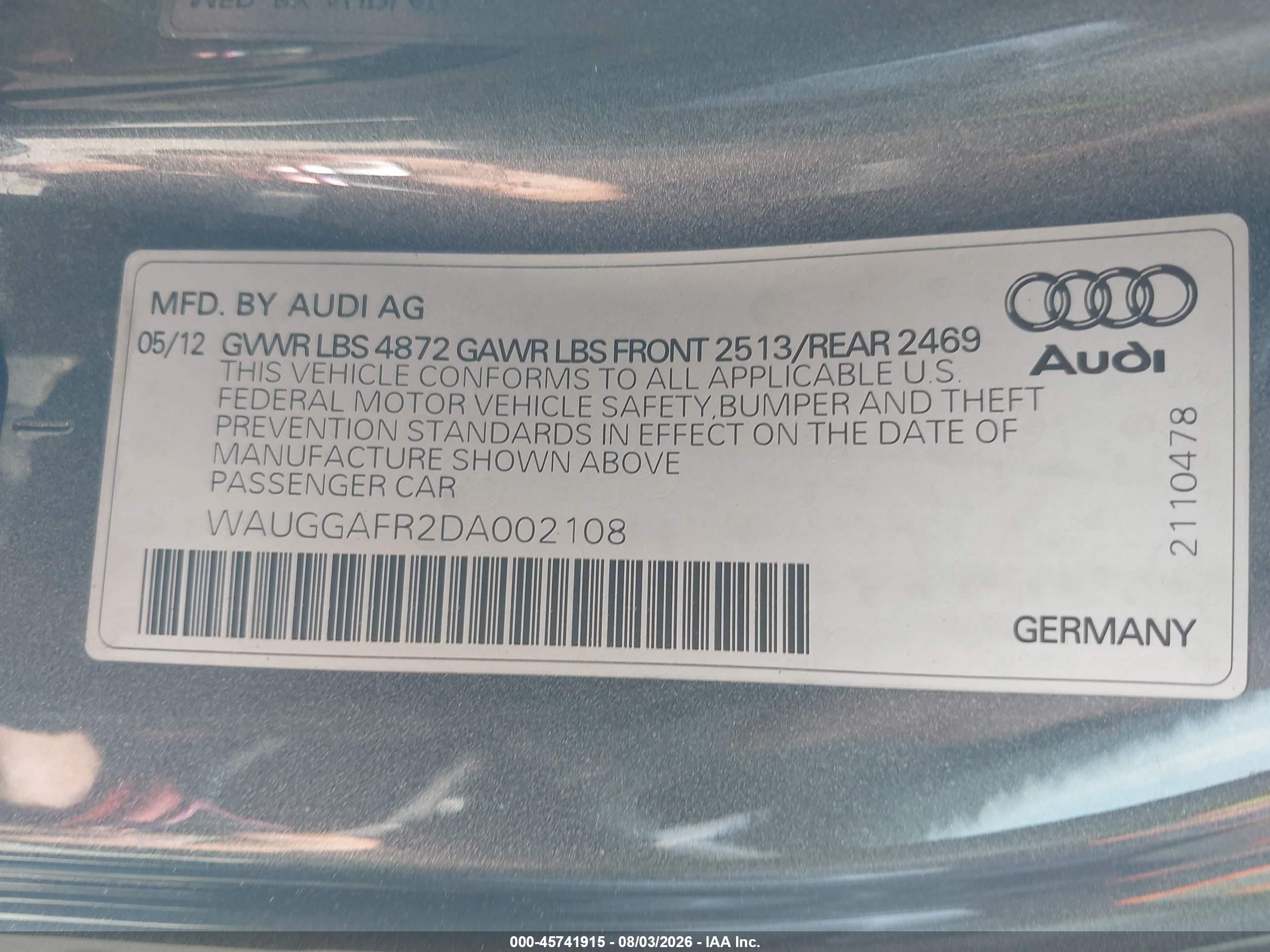 2013 Audi S5 3.0t Premium Plus Серый vin: WAUGGAFR2DA002108