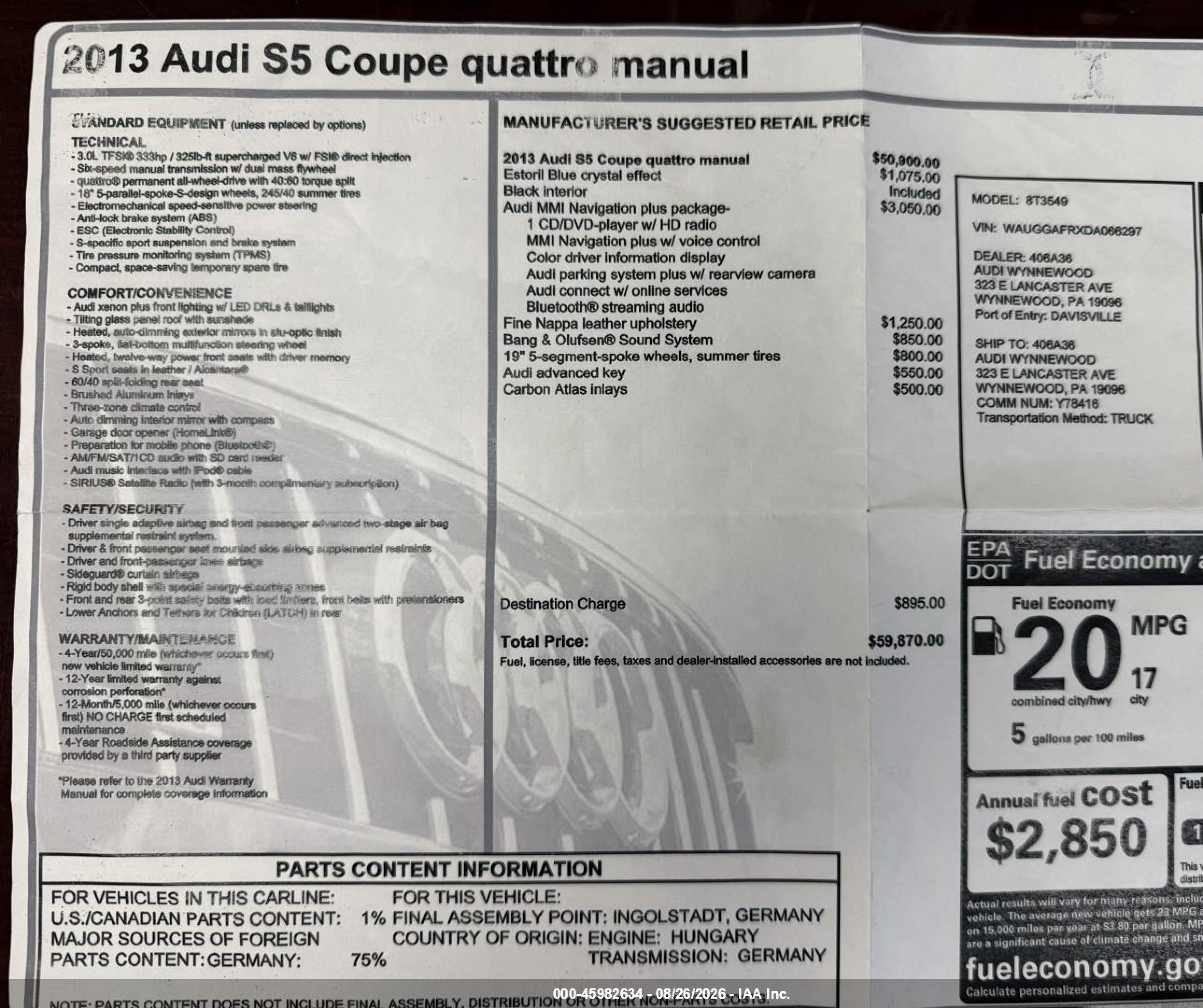 2013 Audi S5 3.0t Premium Plus Синий vin: WAUGGAFRXDA066297