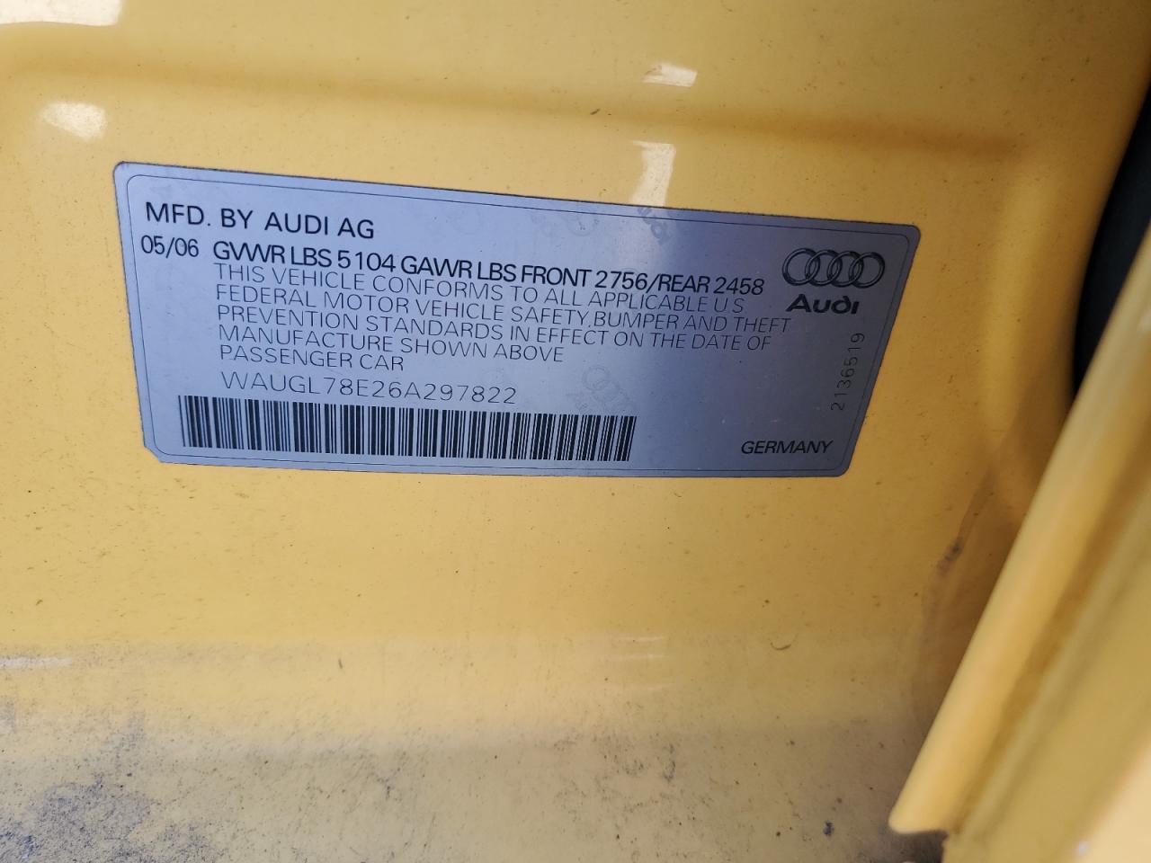 2006 Audi S4 Quattro Yellow vin: WAUGL78E26A297822