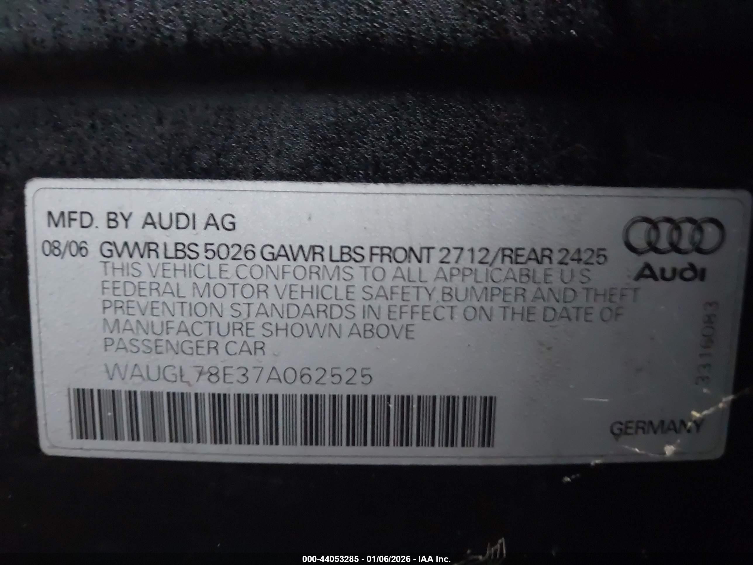 2007 Audi S4 4.2 Black vin: WAUGL78E37A062525