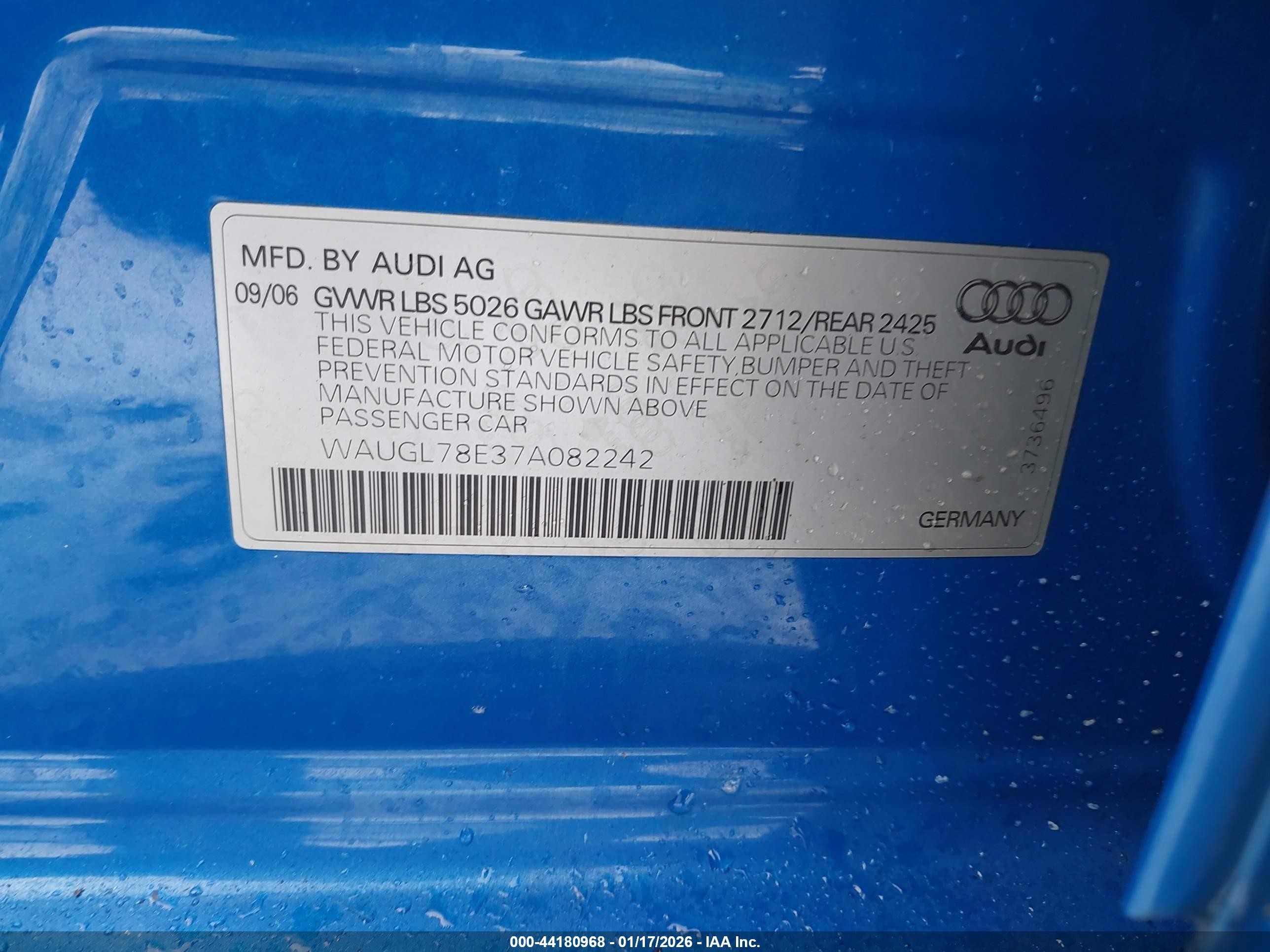 2007 Audi S4 4.2 Blue vin: WAUGL78E37A082242