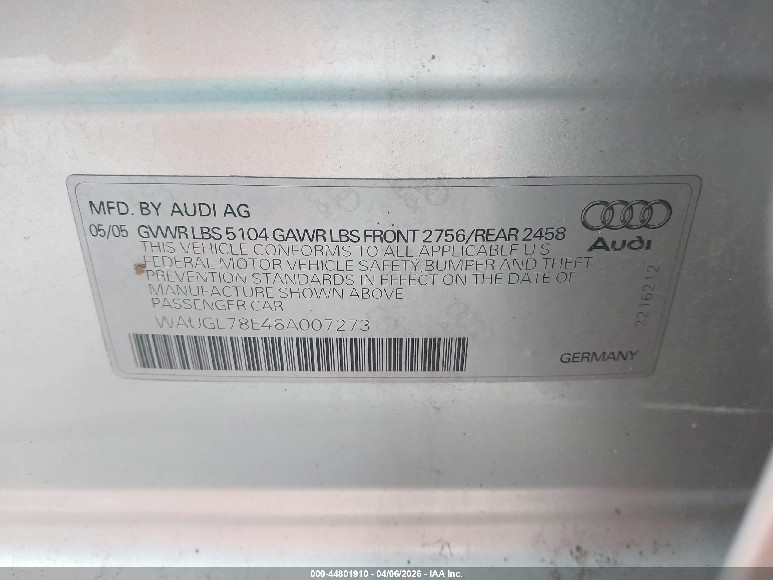 2006 Audi S4 4.2 Серебряный vin: WAUGL78E46A007273